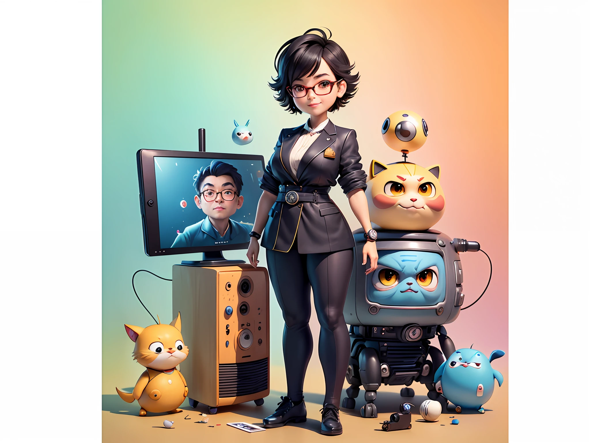Masterpiece), (Excellent), (Super Meticulous), (Full Body: 1.2), Super Young Woman, Beautiful, Sexy, Bursting, Oriental Face, TV Anchor, Bust Portrait Illustration, Alone, Black Suit, Blue Tie, Silver Glasses, Slightly Chubby Face, Very Clean Face, No Beard, Black Super Short Hair, Black Eyes, Confident Smile, 3c Computer Sub-Products, iPad, iPhone, Digital Painting, 3D Character Design by Akira Toriyama with Mark Claireden and Pixar and Hayao Miyazaki, The illustration is a high-definition illustration in 4K resolution with very detailed facial features and cartoon-style visuals.