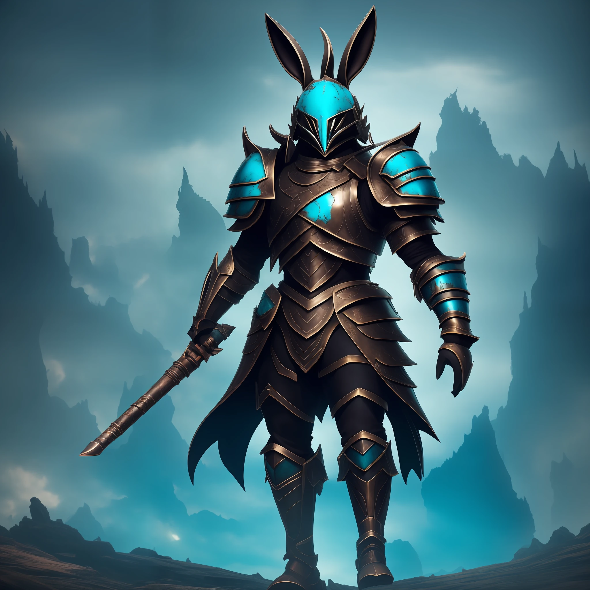 A 3 meter tall rabbit with dark fur wearing an armor made a type of metal that contains remnants of turquoise blue and black, looking at the horizon, dusk, epic, legendary dark souls style --auto --s2