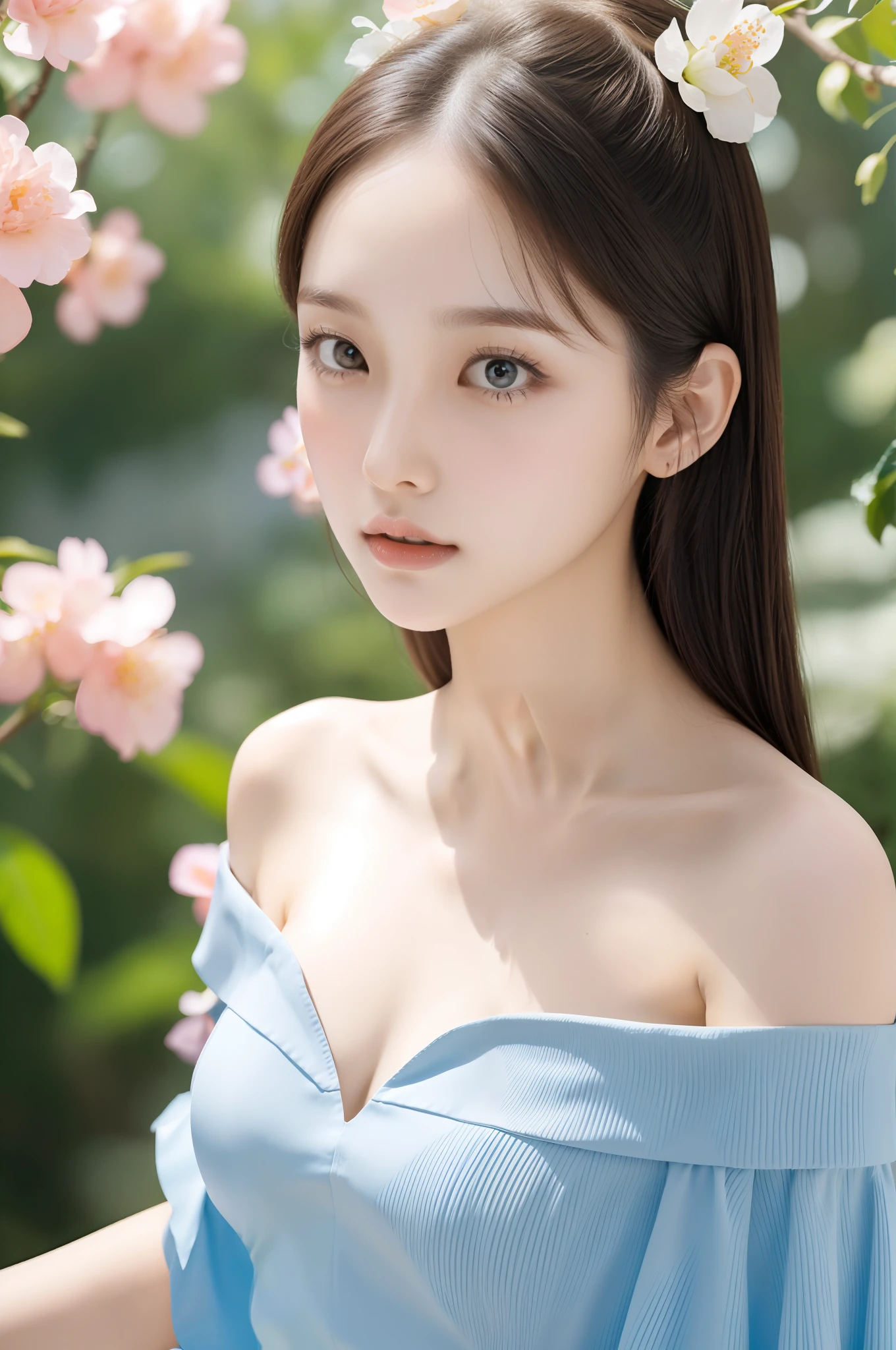 Fashion trendy beautiful and charming woman, gentle and charming Chinese beautiful woman, Korean(kpop-idol), delicate and sexy collarbone, charming oval face, double eyelids, smart peach blossom eyes, pink lips, small nose, bare shoulders, focus on the face, close-up of the face, Ultra-high-definition, super-detailed, the ((loose)), white off-the-shoulder shirt perfectly echoes the light blue high slit miniskirt, fresh and impressive, Natural(medium breasts:1.25), (nsfw:1.2)