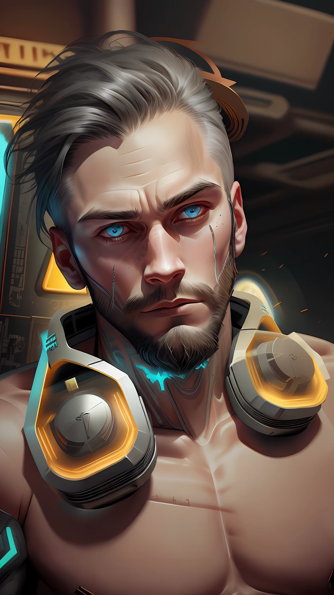 A cybernetic viking man in the range of 27 years old, barbaric muscular stereotype, with Viking wolf fur coat (Viking mechanical parts: 1.5), fighting, bright neon eyes, Nordic hair, tight supersuit torn, in a destroyed city, smoke and fire, aura of brilliant power, dynamic pose, dynamic vision, hyper detailed, quality 8k, with tattoo on the arm,  Clock of thorns on the chest and on the headset, merge, hyper realism, with thorns crest viking.Com gray goatee and gray hair, blood dripping down the face. Neo bright, neo lights on the phone, scar on the face