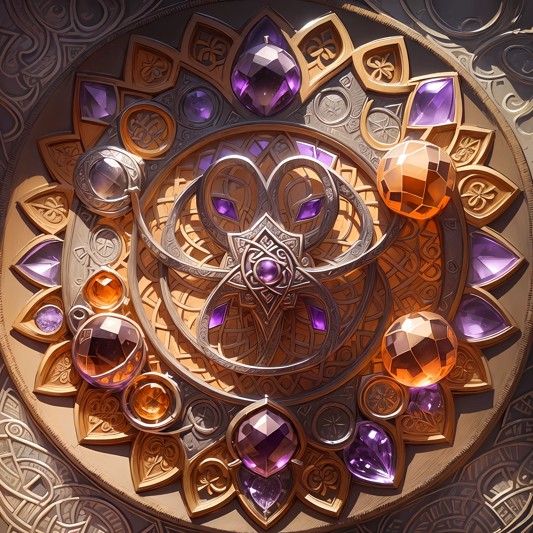 Drawing of Celtic knot jewelry, without any characters, orange gemstones, silver and amethyst in the middle, jewelry design, detailed sketches, amethyst stained glass, complex designs, detailed pencils, detailed fan art, highly detailed sketches, color sketches, intricate detail illustrations, Celtic knots, complex designs, detailed filigree, Celtic art style --auto --s2