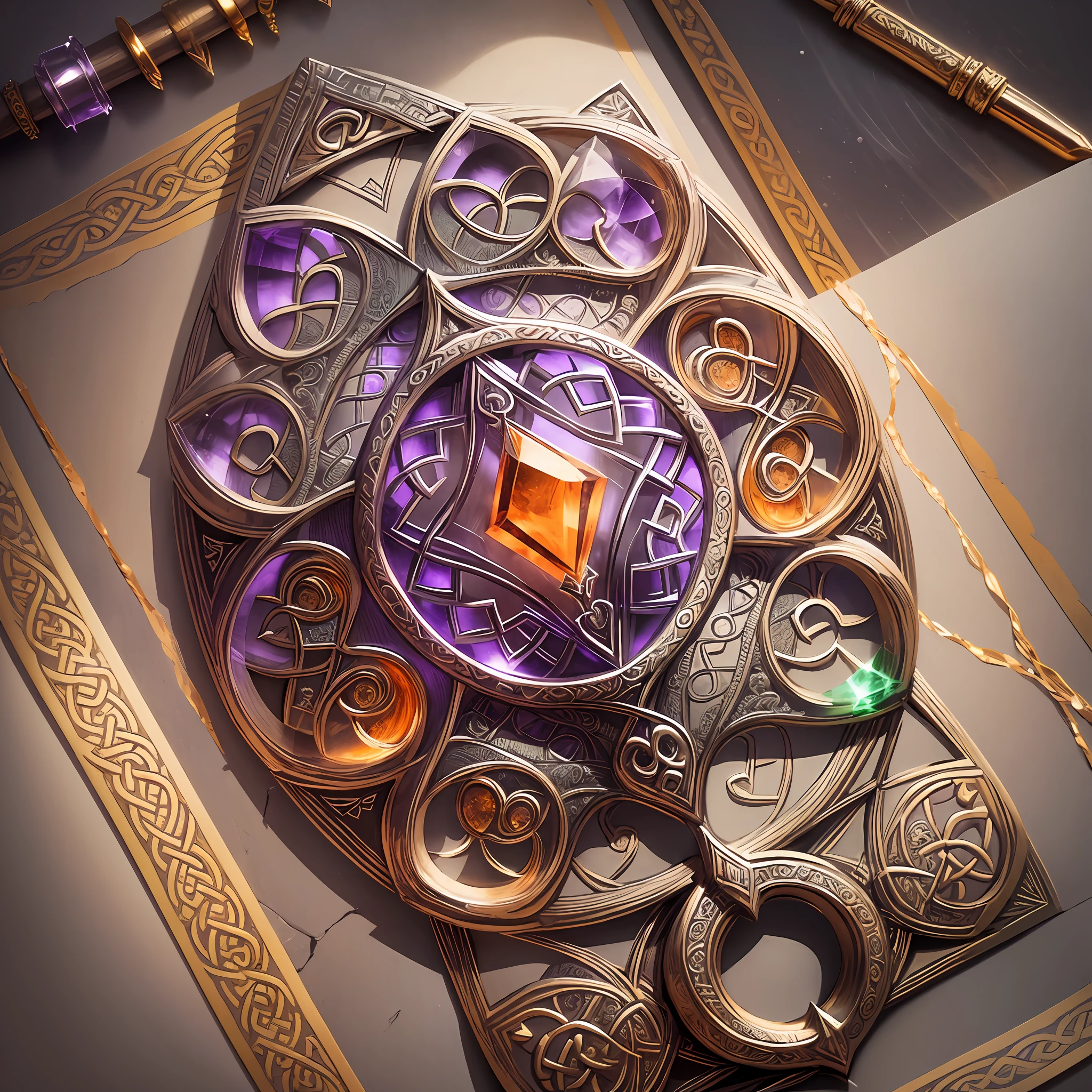 Drawing of Celtic knot jewelry, without any human figures, orange gemstones, silver and amethyst in the middle, jewelry design, detailed sketches, amethyst stained glass, complex designs, detailed pencils, highly detailed sketches, color sketches, intricate details illustrations, Celtic knots, complex designs, detailed filigree, Celtic art style --auto --s2