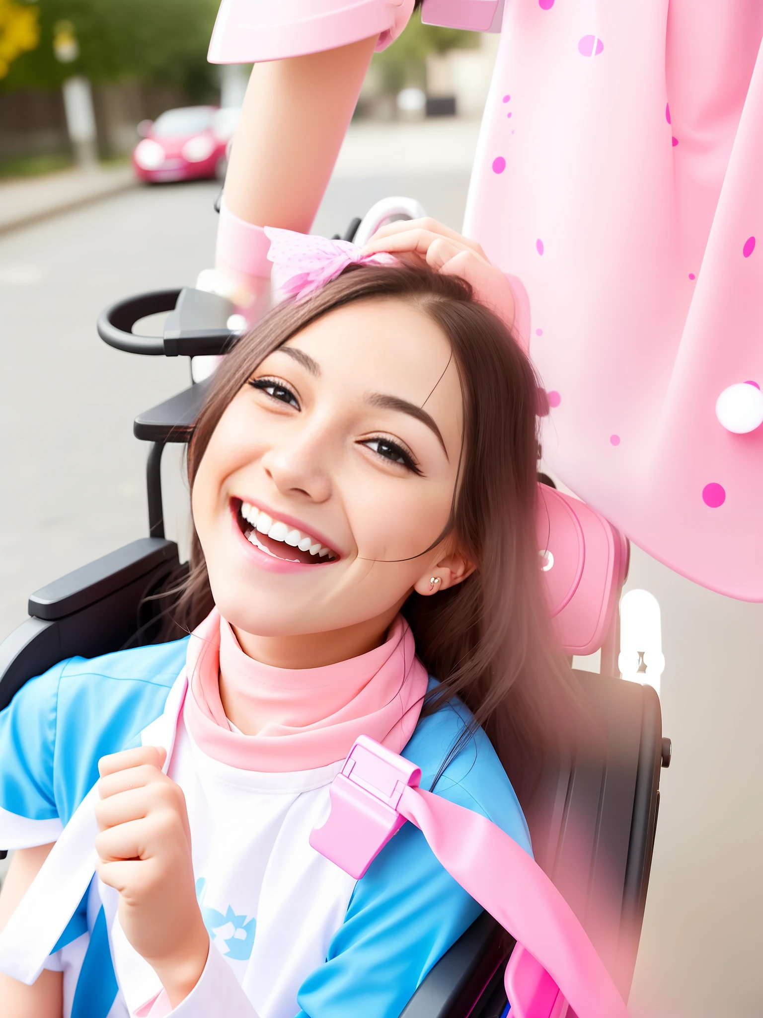 Smiling girl with pink eye makeup sitting in a wheelchair outside, cheerful look, insane smile, with a beautiful smile, looking at the camera, winking at the camera, she is smiling and happy, face shot, she expressing joy, very happy!, looking partially to the left, she is smiling and excited, very silly looking, smiling playfully