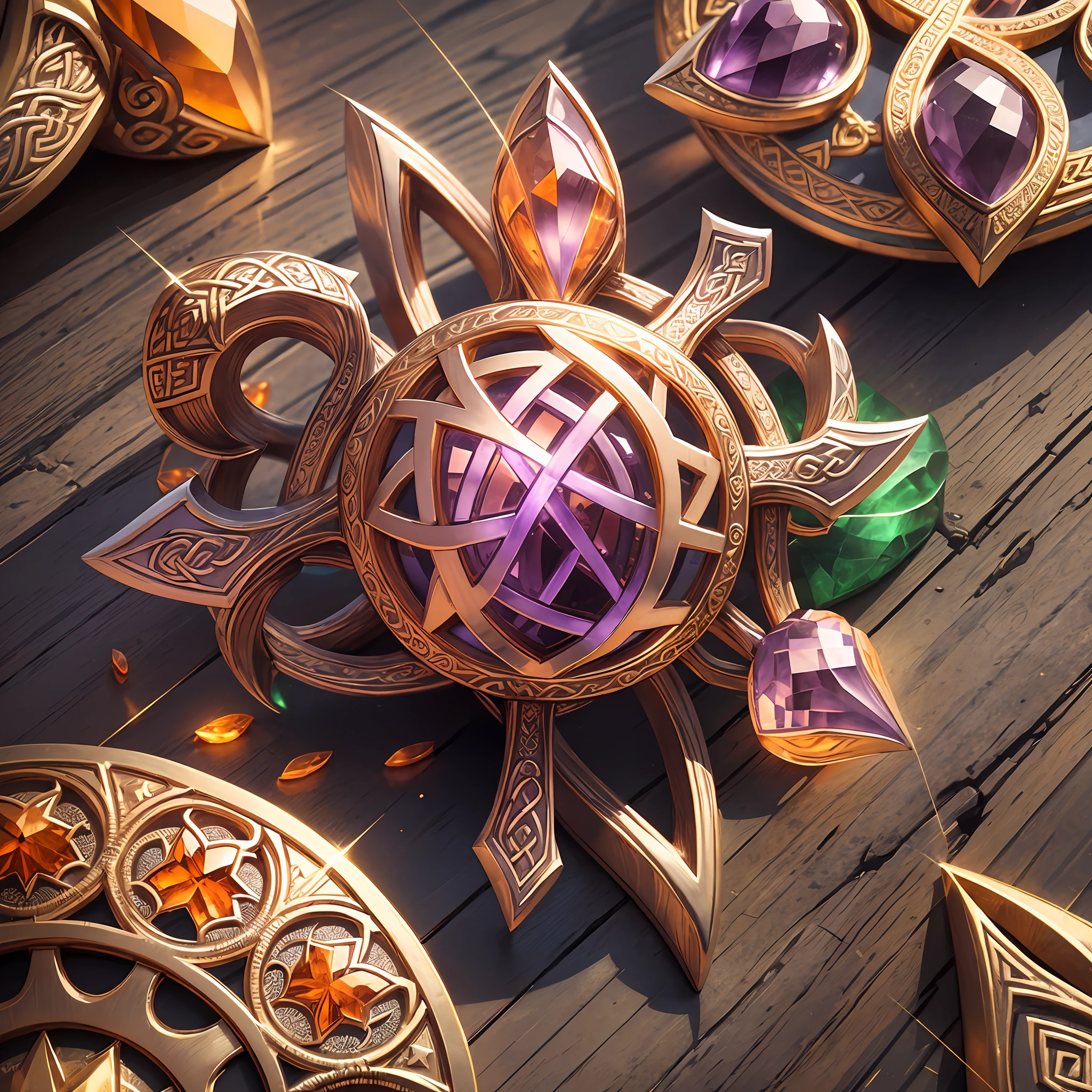 Drawing of Celtic knot jewelry, without any human figures, orange gemstones, silver and amethyst in the middle, jewelry design, detailed sketches, amethyst stained glass, complex designs, detailed pencils, highly detailed sketches, color sketches, intricate details illustrations, Celtic knots, complex designs, detailed filigree, Celtic art style --auto --s2