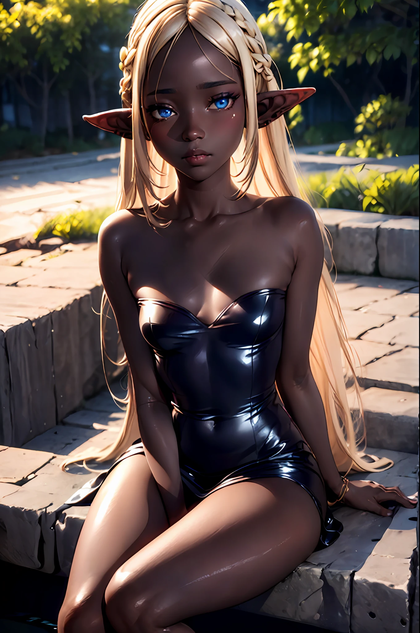 dark skin, 1girl, transparent white dress, blonde hair, very long hair, goblin ears, blue eyes, sitting, whole open legs, Petal style, background trees, perfect eyes, perfect hands, ultra high res, cinematic angle, professional lighting, best quality, masterpiece, side lighting, sharp, perfect focus, bokeh, photorealistic, (finely detailed beautiful eyes: 1.3), realistic, (3d face: 1.3), (glossy skin: 1.5), (ultra high res intricate face details), (face skin pores: 1.3), ultra high resolution cloth texture, 8k eye details, 8k pupils,
