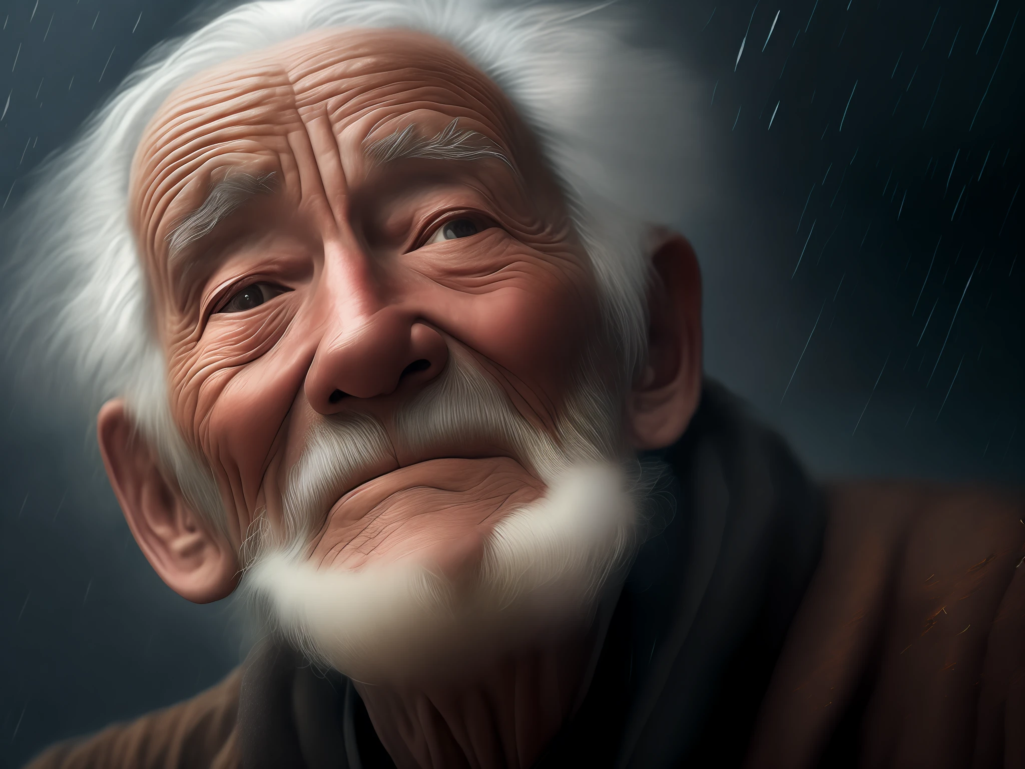 Realistic award winning photo of an old man (looking up at the sky:1.3), expression conveying a sense of satisfaction and victory, heavy rain falling on his face, hyper detailed