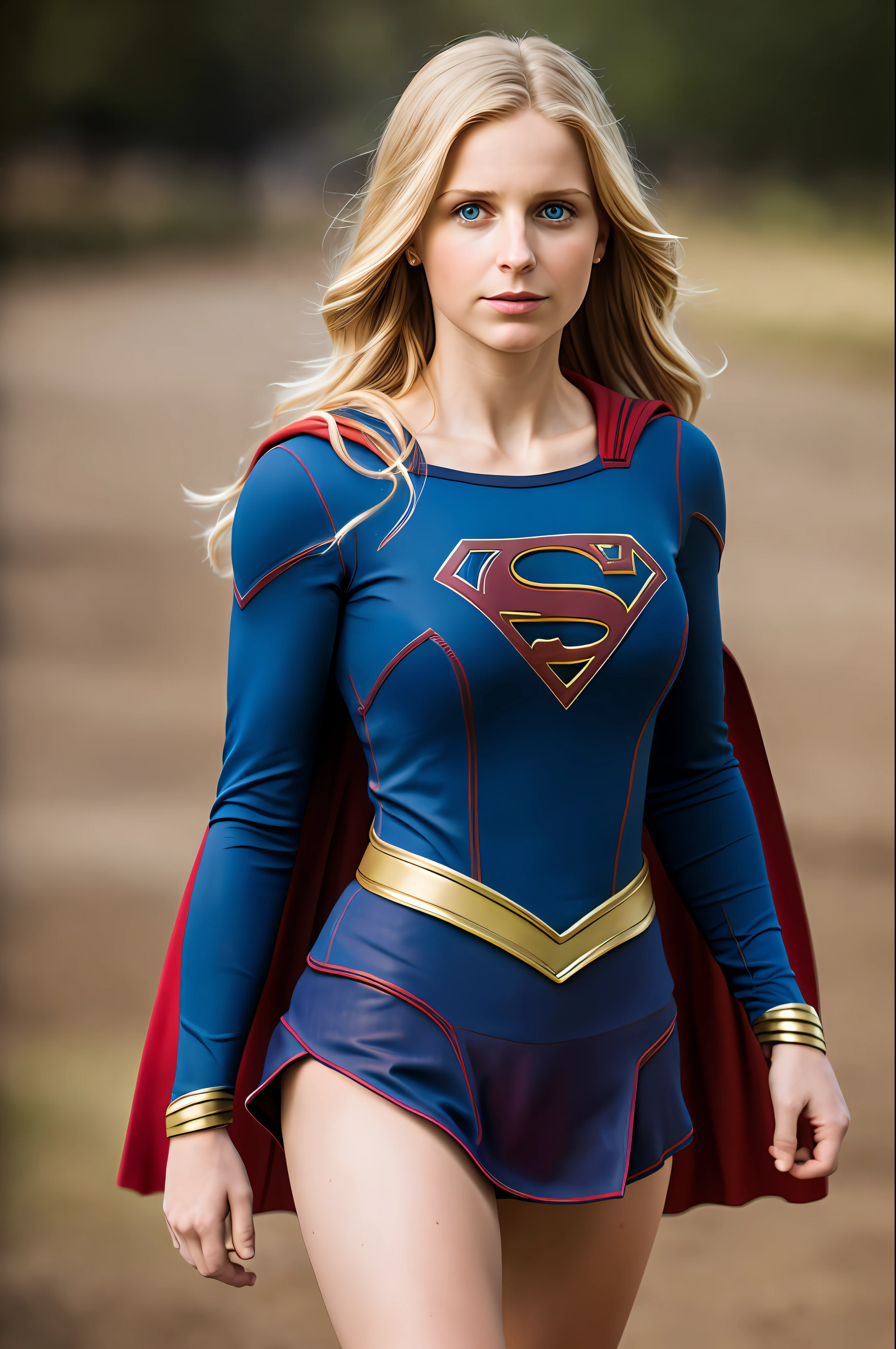 Supergirl, realistic photo, a realistic photo of an 18 year old girl wearing a supergirl cosplay, blonde hair, big breasts, thin waist, wide hips, thick thighs, (1girl), (8k extremely detailed CG unit wallpaper), photo of the most beautiful artwork in the world, professional majestic (Steve McCurry photography), 8k uhd, dslr, soft lighting,  high quality, film grain, sharp focus Fujifilm XT3, f 5.6, high detail, sharp focus, dramatic, (looking at the viewer: 1.2), (detailed pupils: 1.3), (natural light),