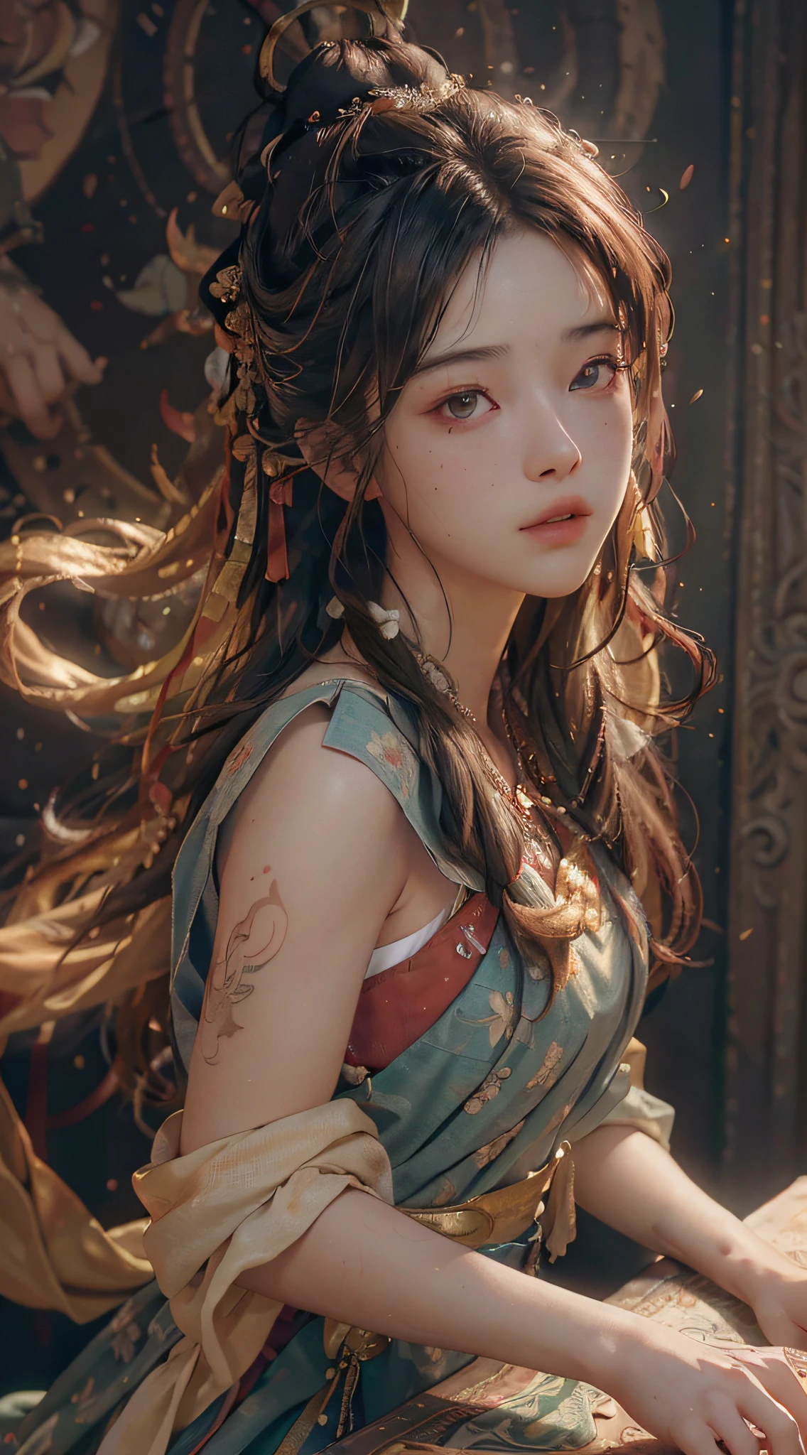 (RAW photo, best quality), (realistic, photo-realistic:1.3),best quality,highly detailed,masterpiece,ultra-detailed,illustration,1girl,upper_body,dynamic angle,world masterpiece theater,messy_long_hair,best quality,extremely detailed CG unity 8k wallpaper,ink,Amazing,cinematic lighting,lens_flare, dunhuang_style