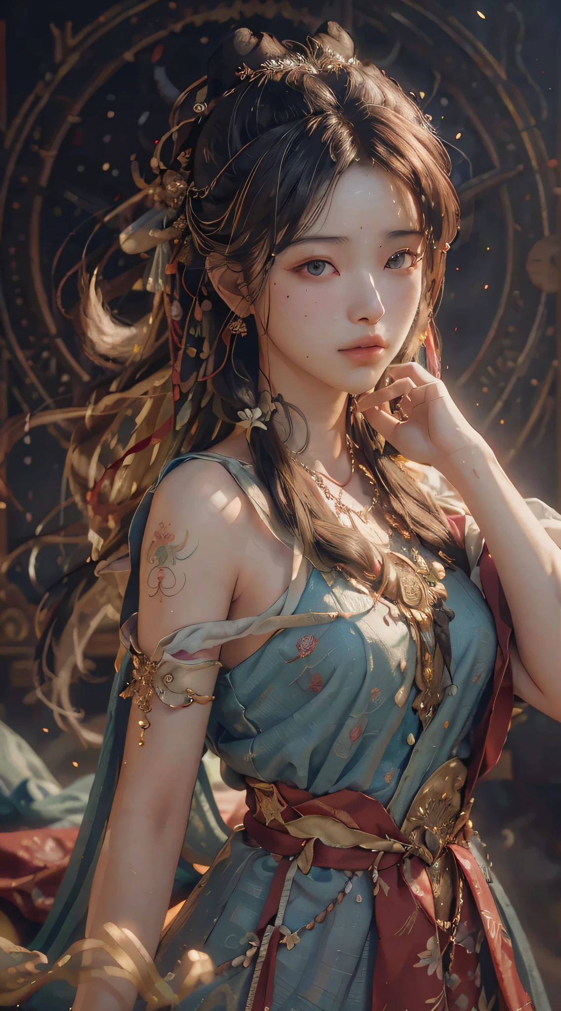 (RAW photo, best quality), (realistic, photo-realistic:1.3),best quality,highly detailed,masterpiece,ultra-detailed,illustration,1girl,upper_body,dynamic angle,world masterpiece theater,messy_long_hair,best quality,extremely detailed CG unity 8k wallpaper,ink,Amazing,cinematic lighting,lens_flare, dunhuang_style