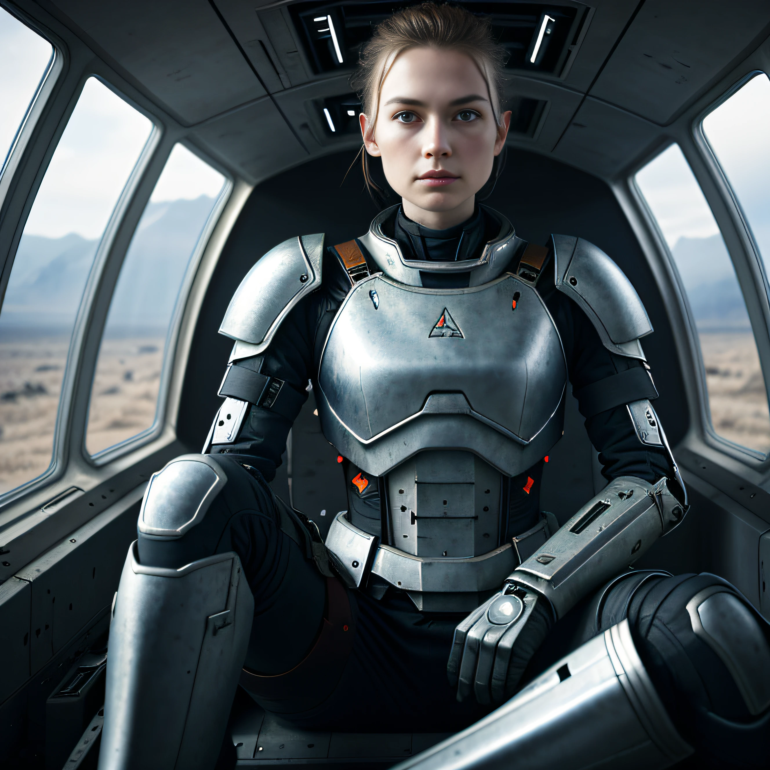 close up, Battle scarred Girl woman, wearing light armour, sitting after a bloody battle inside a battle damaged spaceship. FULL BODY, FULL HD, SUAVE, Realista ISO.Science fiction hyperrealistic 8k 18k, shot of the day beautiful epic composition high resolution. Semente 44
