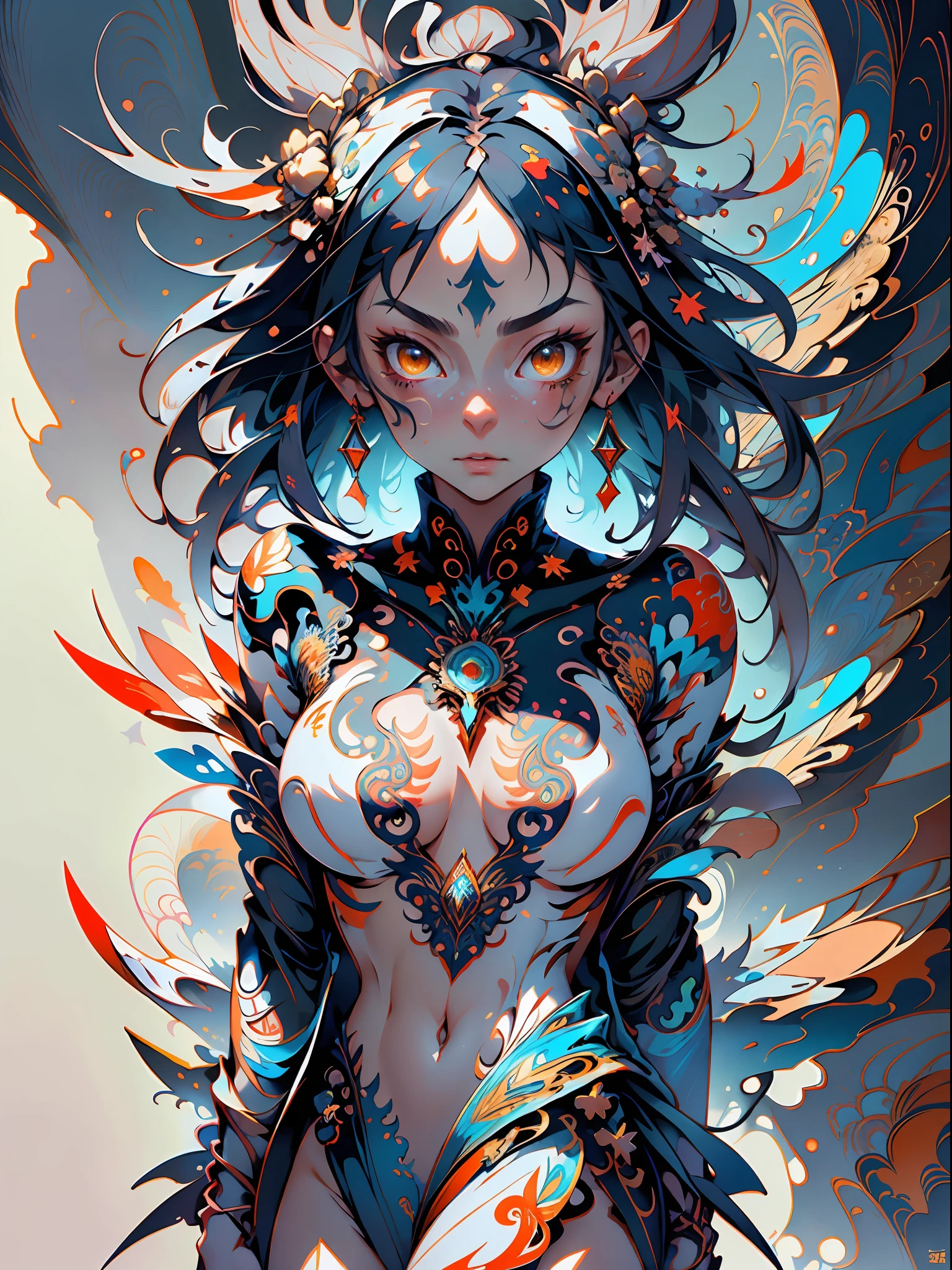 absurd, highres, ultra detailed, (ultra-detailed background, detailed background), (full body), extremely detailed, warrior woman almost naked, minimal clothes, almost naked, paint running down the naked body, body covered by detailed painting, (((adult woman)))), perfect adult face, 35 years, (zentangle:1.2), (geometric:1.2), colorful, almost naked whole body, sexy pose, tiny thong, dragon tattoo, stars, large and erect breasts, muscular, perfect body, Vietnamese ornaments, colorful
