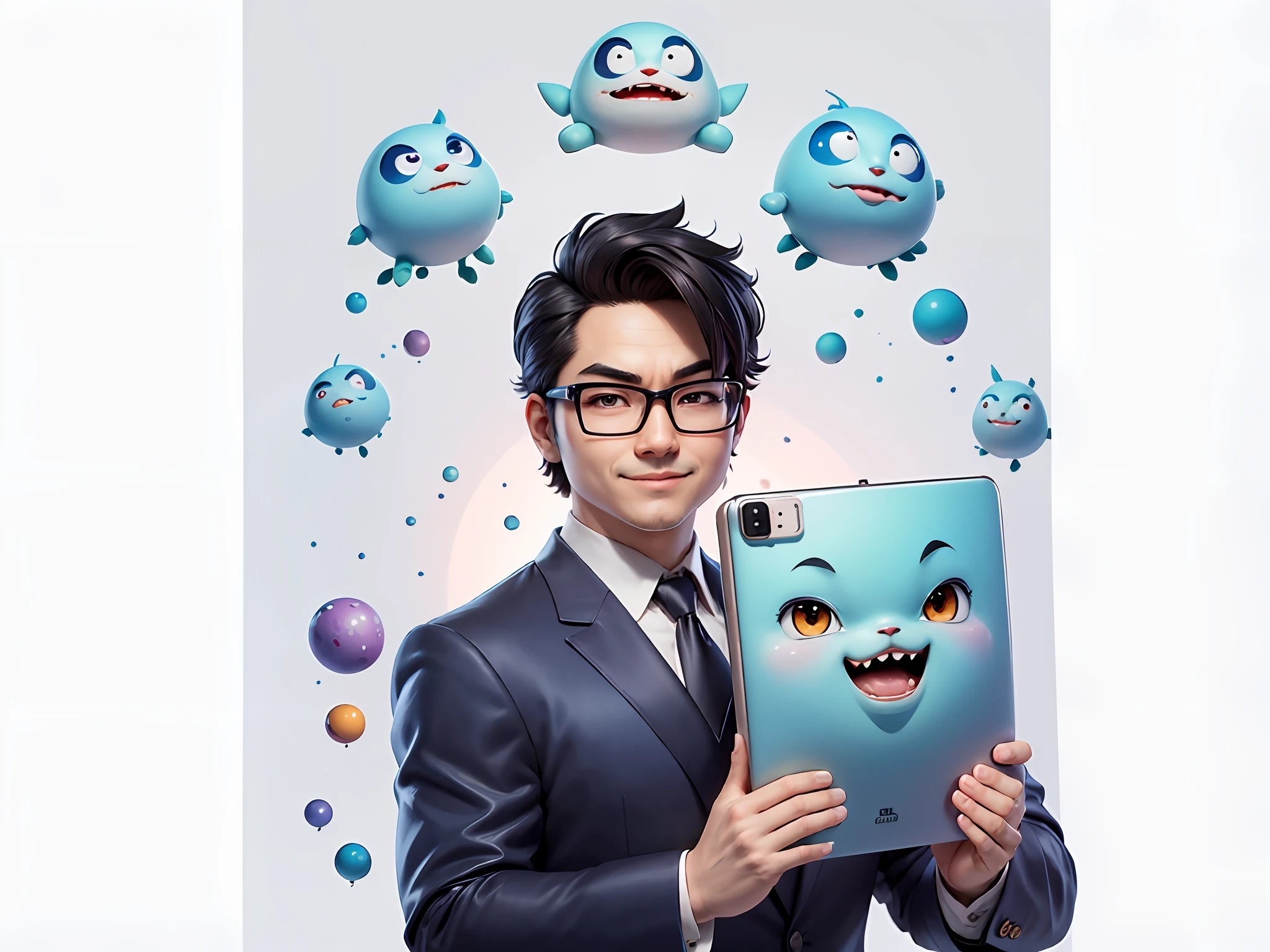 Masterpiece), (Excellent), (Super Meticulous), (Full Body: 1.2), Super Young Woman, Beautiful, Sexy, Bursting, Oriental Face, TV Anchor, Bust Portrait Illustration, Alone, Black Suit, Blue Tie, Silver Glasses, Slightly Chubby Face, Very Clean Face, No Beard, Black Super Short Hair, Black Eyes, Confident Smile, 3c Computer Sub-Products, iPad, iPhone, Digital Painting, 3D Character Design by Akira Toriyama with Mark Claireden and Pixar and Hayao Miyazaki, The illustration is a high-definition illustration in 4K resolution with very detailed facial features and cartoon-style visuals.