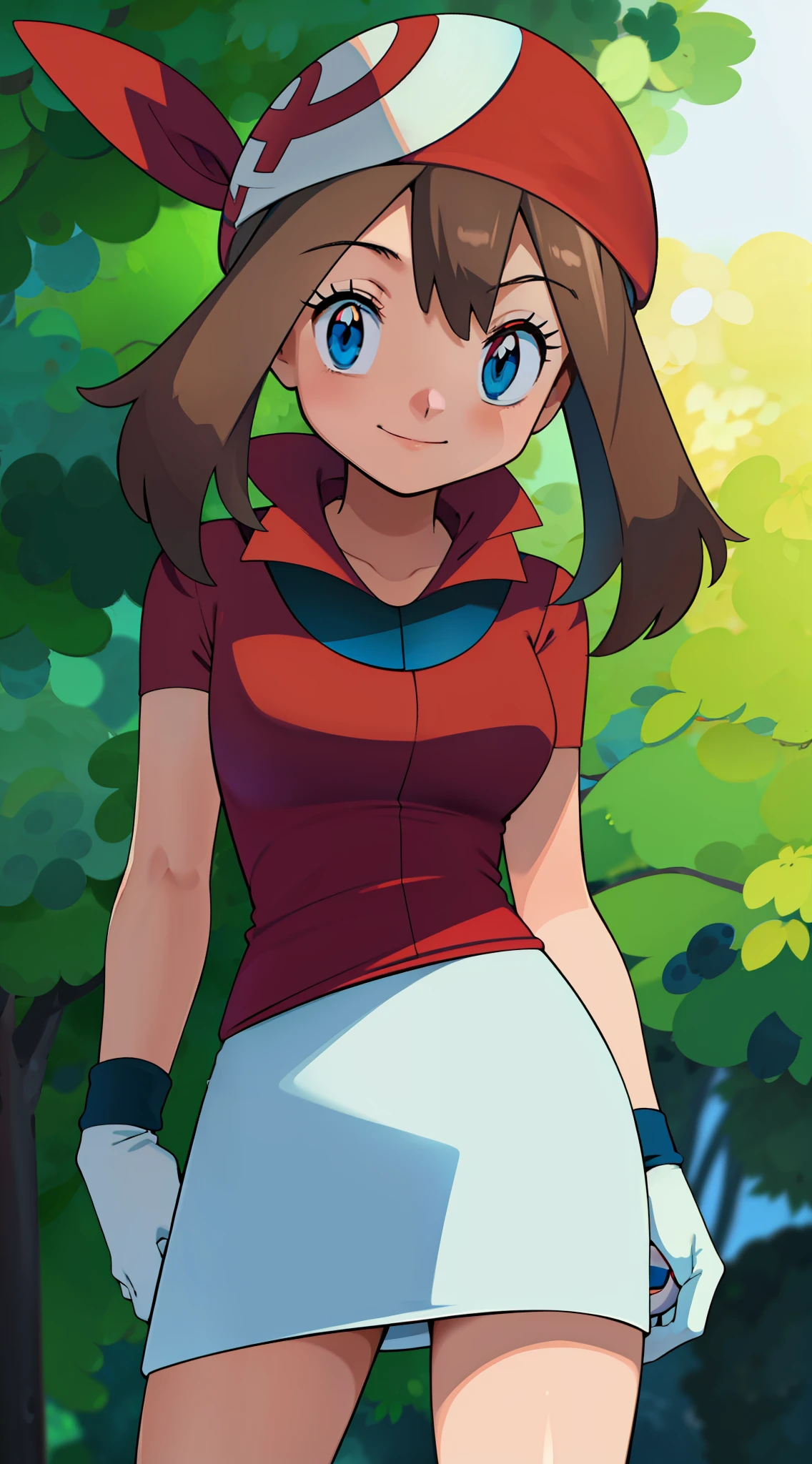 (Masterpiece,High quality,best quality),1girl,blue eyes,(red bandana),smile,((May_pokemon)),short hair,white gloves,white  skirt,standing,forest background