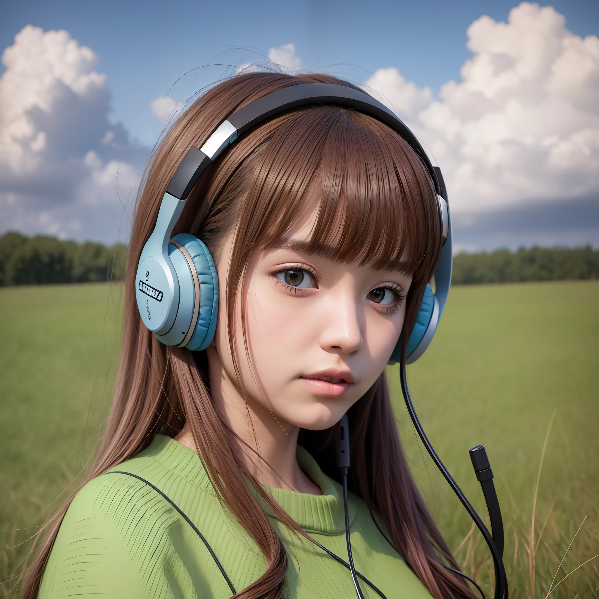 an anime girl wearing headphones and standing in a field, in the style of realistic hyper-detailed portraits, cabincore, earthy colors, ambitious, dinopunk, atmospheric clouds, bold, manga-inspired characters