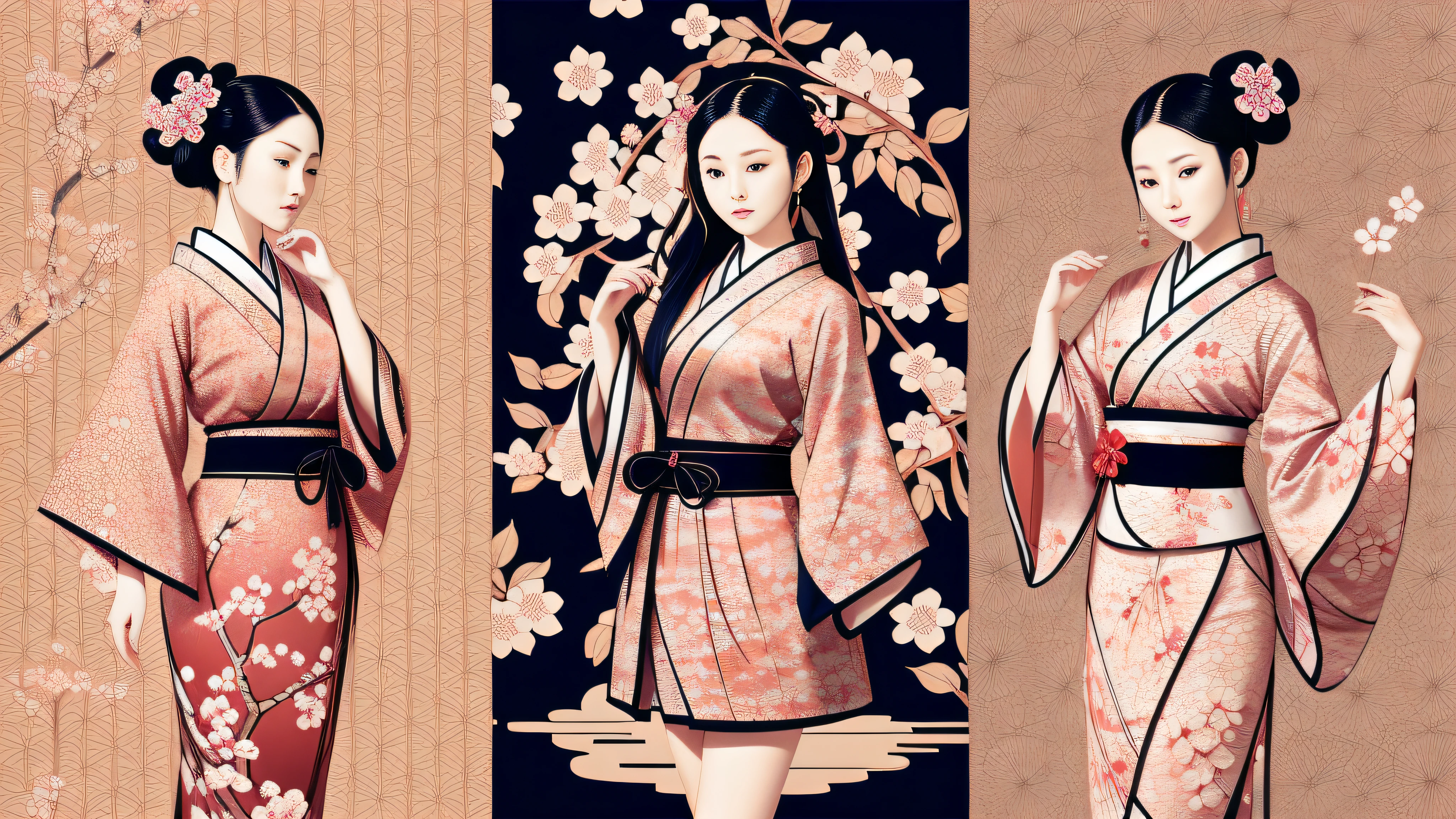 Exquisite Japanese textile designs, featuring delicate cherry blossoms, intricate koi fish patterns, and bold geometric motifs. The serene color palettes evoke captivating reflections of nature, elegance, and artistic traditions that have survived the test of time.