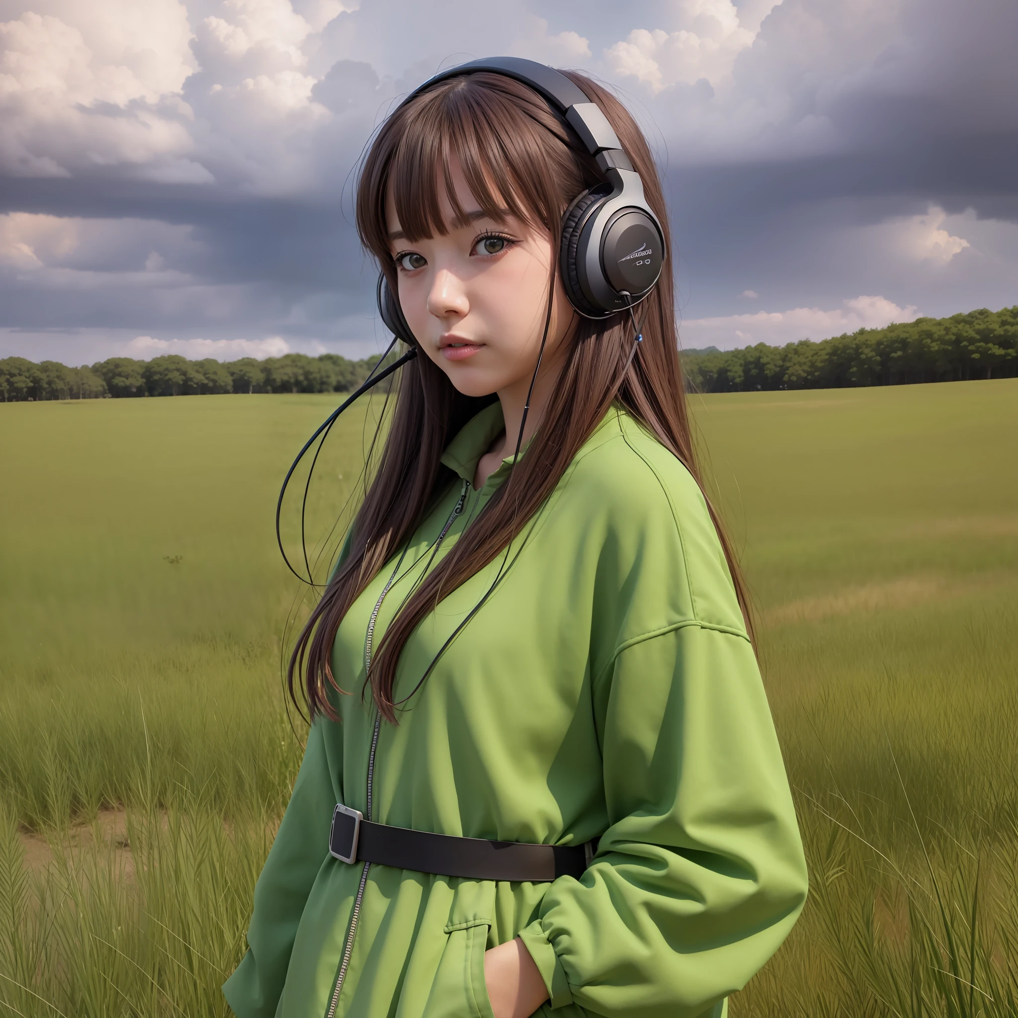 an anime girl wearing headphones and standing in a field, in the style of realistic hyper-detailed portraits, cabincore, earthy colors, ambitious, dinopunk, atmospheric clouds, bold, manga-inspired characters