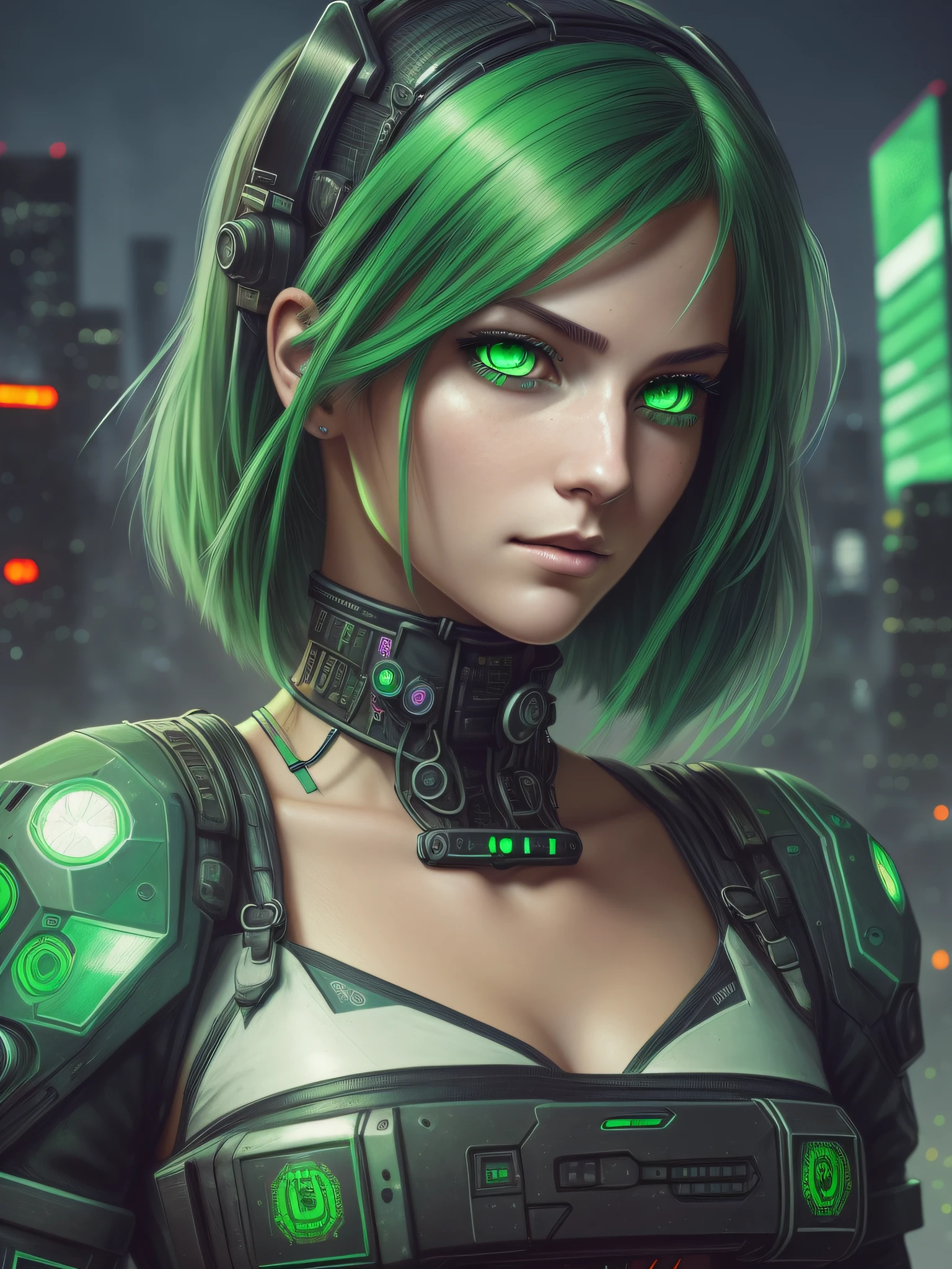(looking for the best image definition) (a detailed portrait), (a cyberpunk girl) with ((green eyes)), being represented with (a realistic painting) in reading, a dark city background in digital art, showing detailed trends in artstation, combining ultra high definition and 8K.