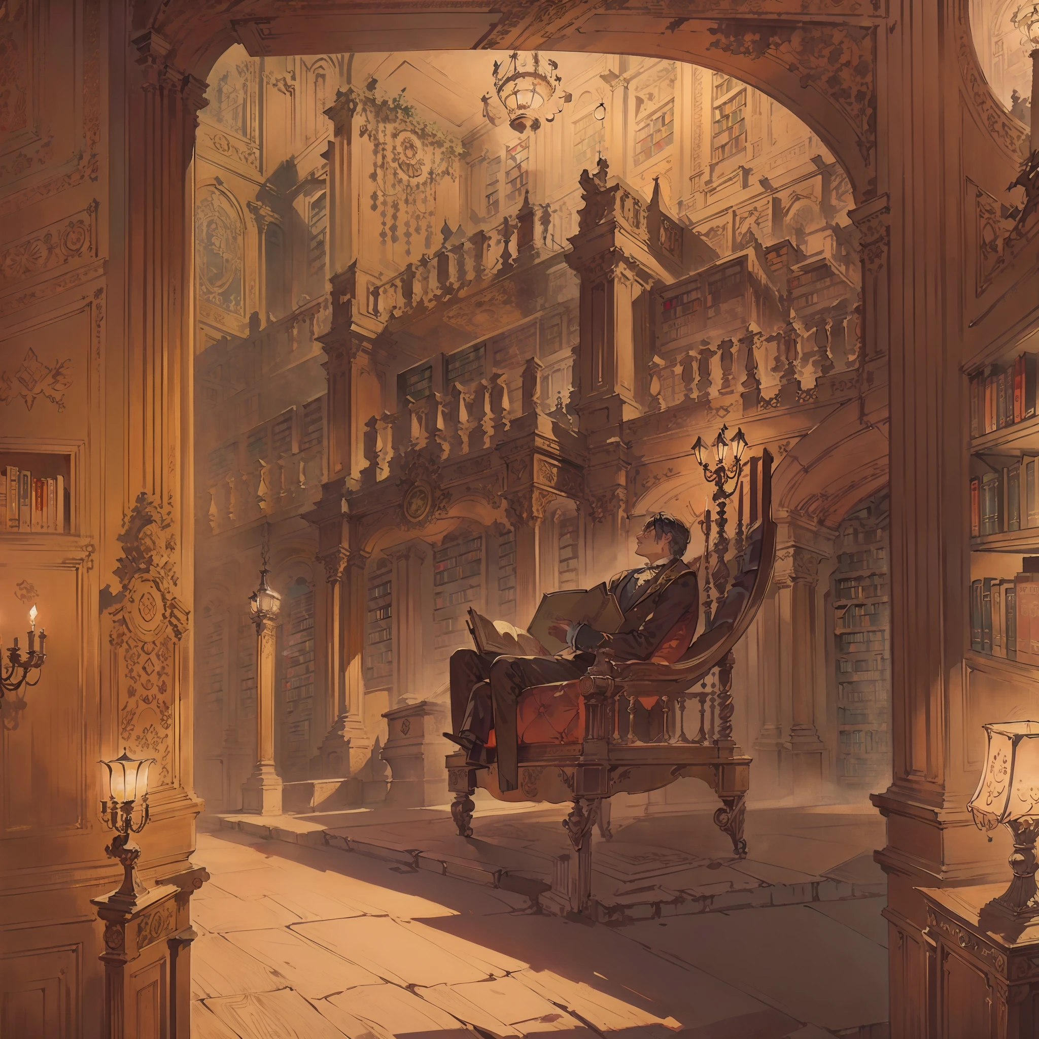 (extraordinary masterpiece), high quality, historic architecture,(old library+Victorian era:1.3),precious literary atmosphere, ornate decorations, (dark antique wood shelves+large leather armchairs), cobweb-covered corners, dusty books, red carpet, staircases, grand chandeliers