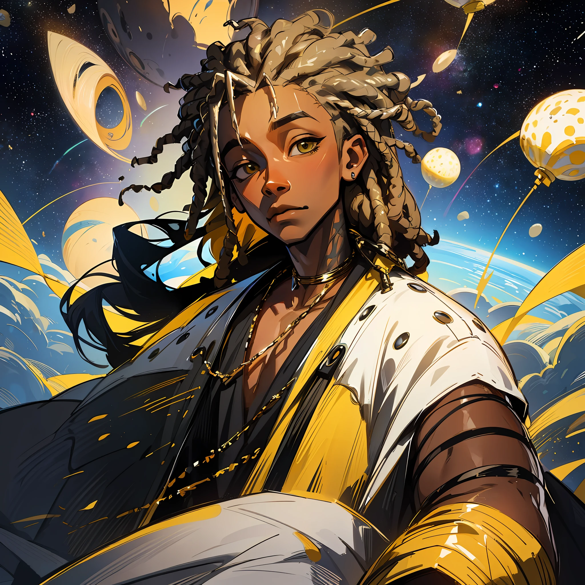 (Improve Image) (Best Quality) Juice Wrld-style art: Black man with short Dreads hair and with the color of the Dreads in half yellow and half black, landscape floating in space with jewelry and designer clothes, bracelets studded in silver and gold in anime style one piece --auto --s2