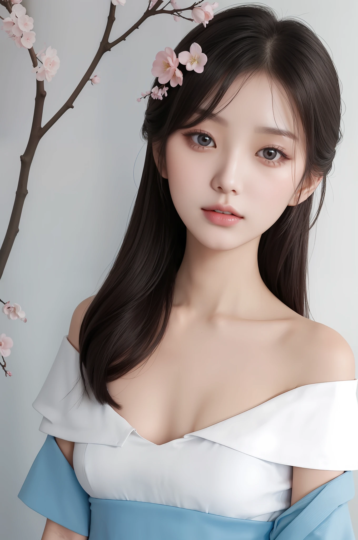 Fashion trendy beautiful and charming woman, gentle and charming Chinese beautiful woman, Korean(kpop-idol), delicate and sexy collarbone, charming oval face, double eyelids, smart peach blossom eyes, pink lips, small nose, bare shoulders, focus on the face, close-up of the face, Ultra-high-definition, super-detailed, the ((loose)), white off-the-shoulder shirt perfectly echoes the light blue high slit miniskirt, fresh and impressive, Natural(medium breasts:1.25), (nsfw:1.2)