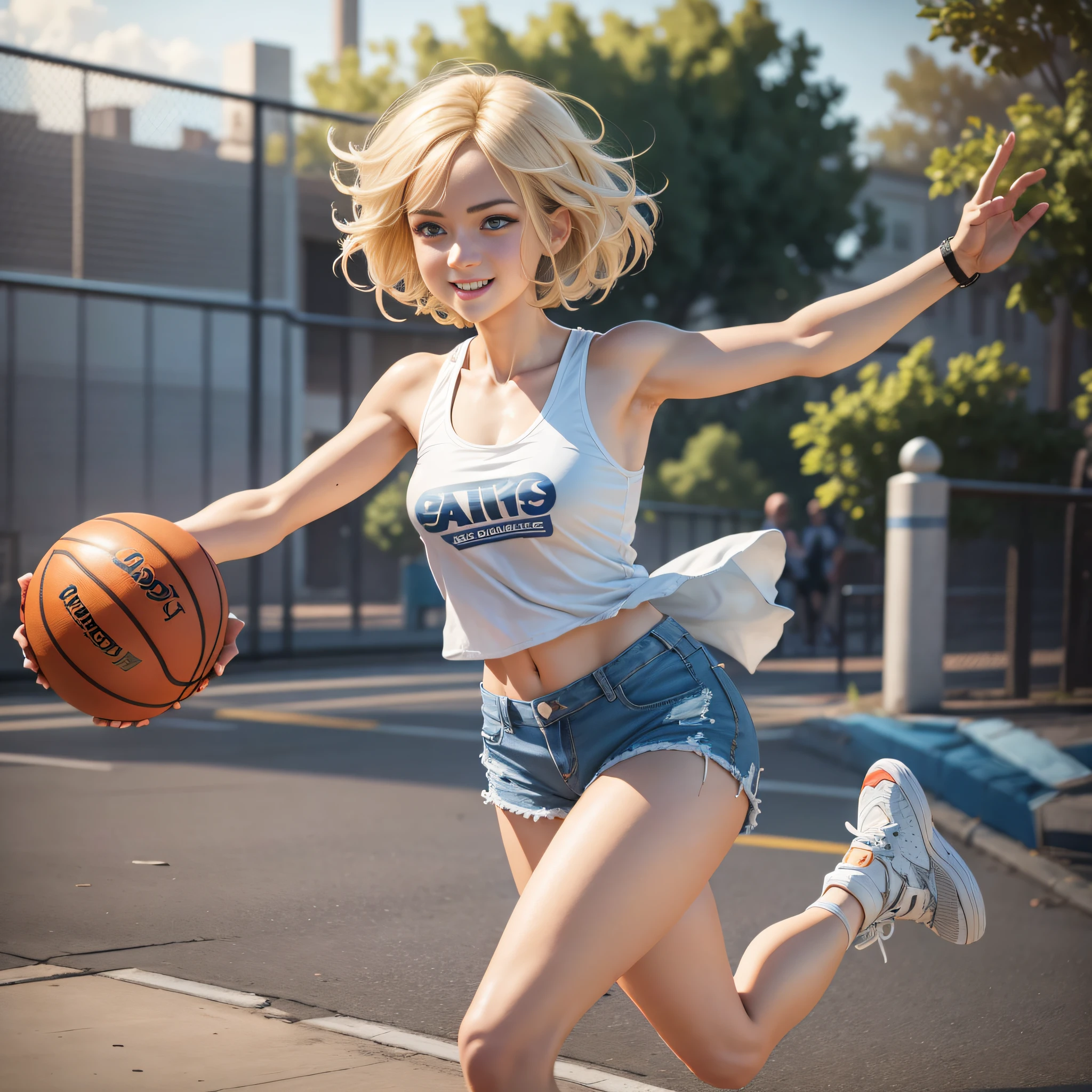 {masterpiece, best quality, extremely detailed CG, unity 8k wallpaper, cinematic lighting}}. design art, 1 girl, full body,  A beautiful girl is running in the seaside park, She is stunningly cute, with a smile, short bob hairstyle in golden blonde, blue eyes, double eyelids, long eyelashes, long limbs, She is wearing a white tank top, distressed denim shorts, and white low-cut basketball shoes. Striking an active pose.