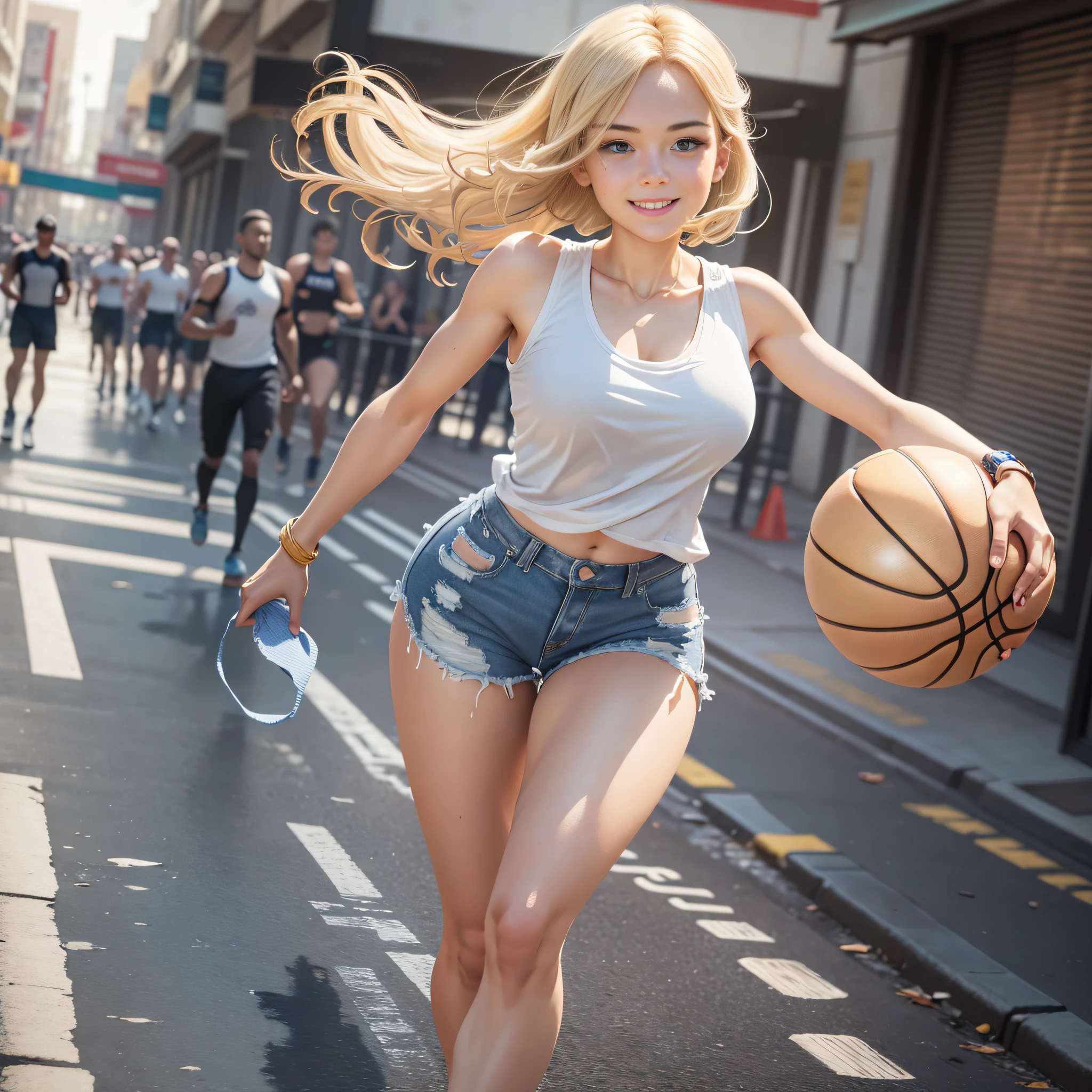 {masterpiece, best quality, extremely detailed CG, unity 8k wallpaper, cinematic lighting}}. design art, 1 girl, full body,  A beautiful girl is running in the seaside park, She is stunningly cute, with a smile, short bob hairstyle in golden blonde, blue eyes, double eyelids, long eyelashes, long limbs, She is wearing a white tank top, distressed denim shorts, and white low-cut basketball shoes. Striking an active pose.