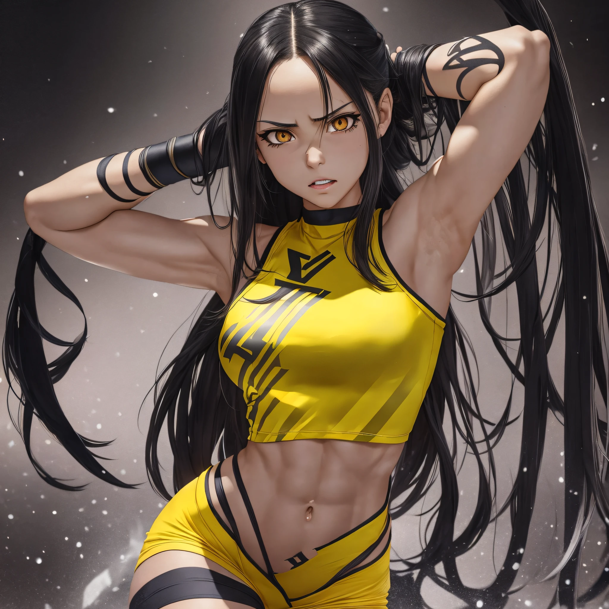 Hayate nagatoro, long straight hair, crouched in the dressing room with her hands behind her head, bright yellow eyes, gothic makeup, tomboyish style, (anger), (salivating), atmospheric light, tiny breasts, perfect female face, ultra detailed, (wearing black running uniform with short sleeves and short shorts), visible cameltoe, ((naked torso)), ((slim body and fitness))), large abdominals, toned abs,  fit, smooth, high details, soft bokeh background --auto --s2