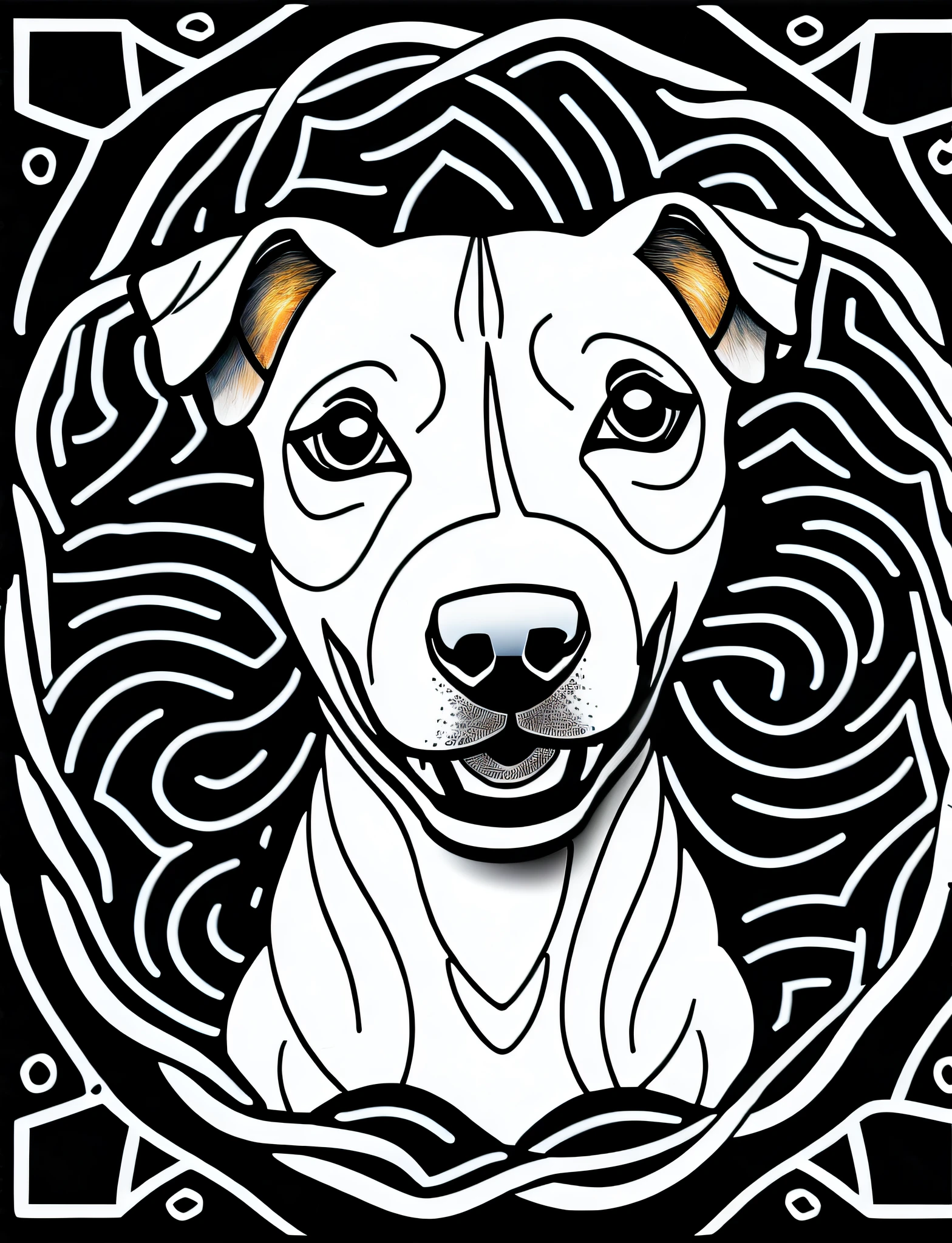 a Jack Russell Terrier style dog, fantasy, magical, mandala, happy, black and white, wavy lines, realistic line art drawing, coloring book page, no noise, sharp thick lines, contour art, centered image, isolated on a white background