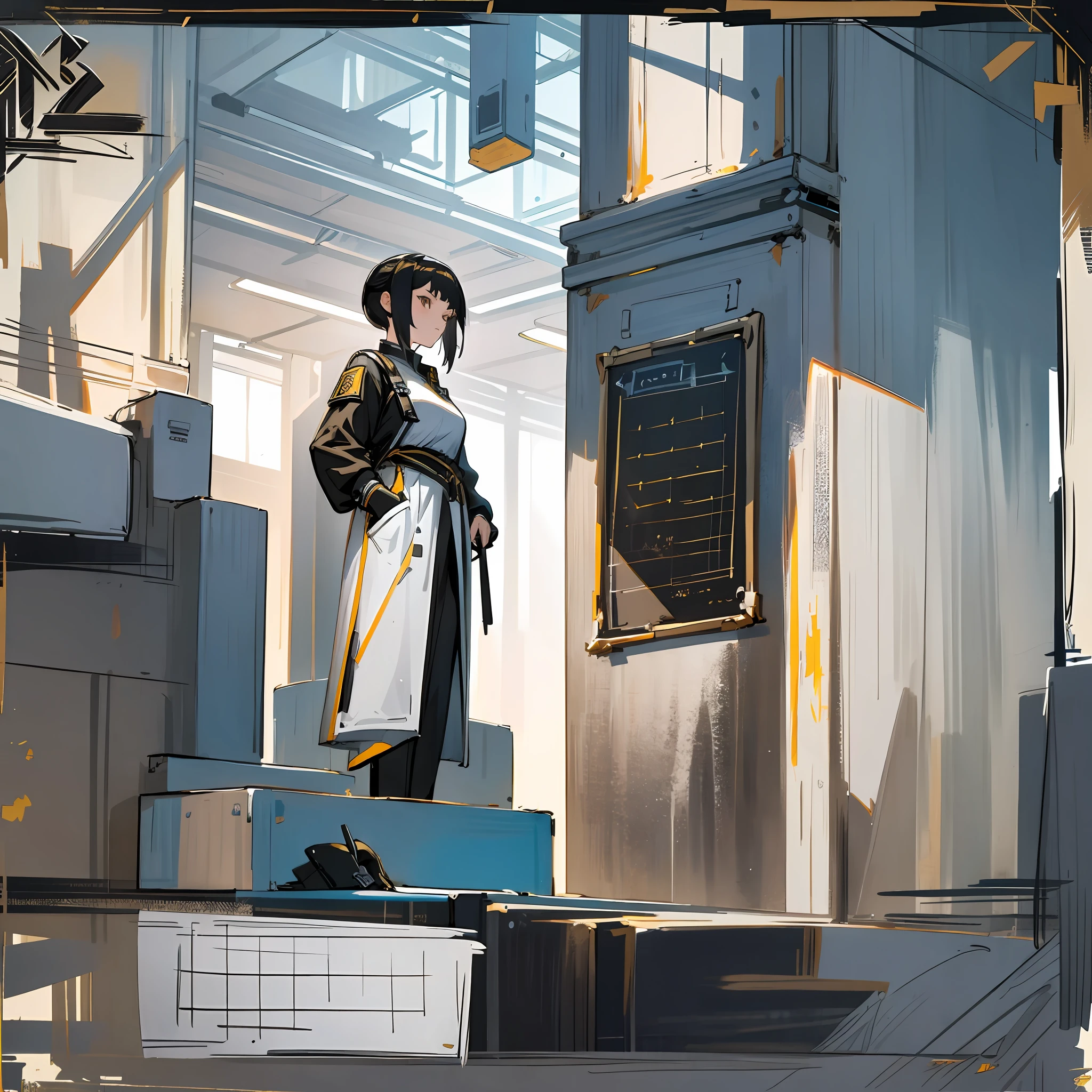 (((masterpiece))), (ultra detailed), (best quality), detailed landscape, (Arknights style), (concept art, character sheet).adolescent girl,pe, black comelo, angled bob hair style,girl wearing white and gold black uniform