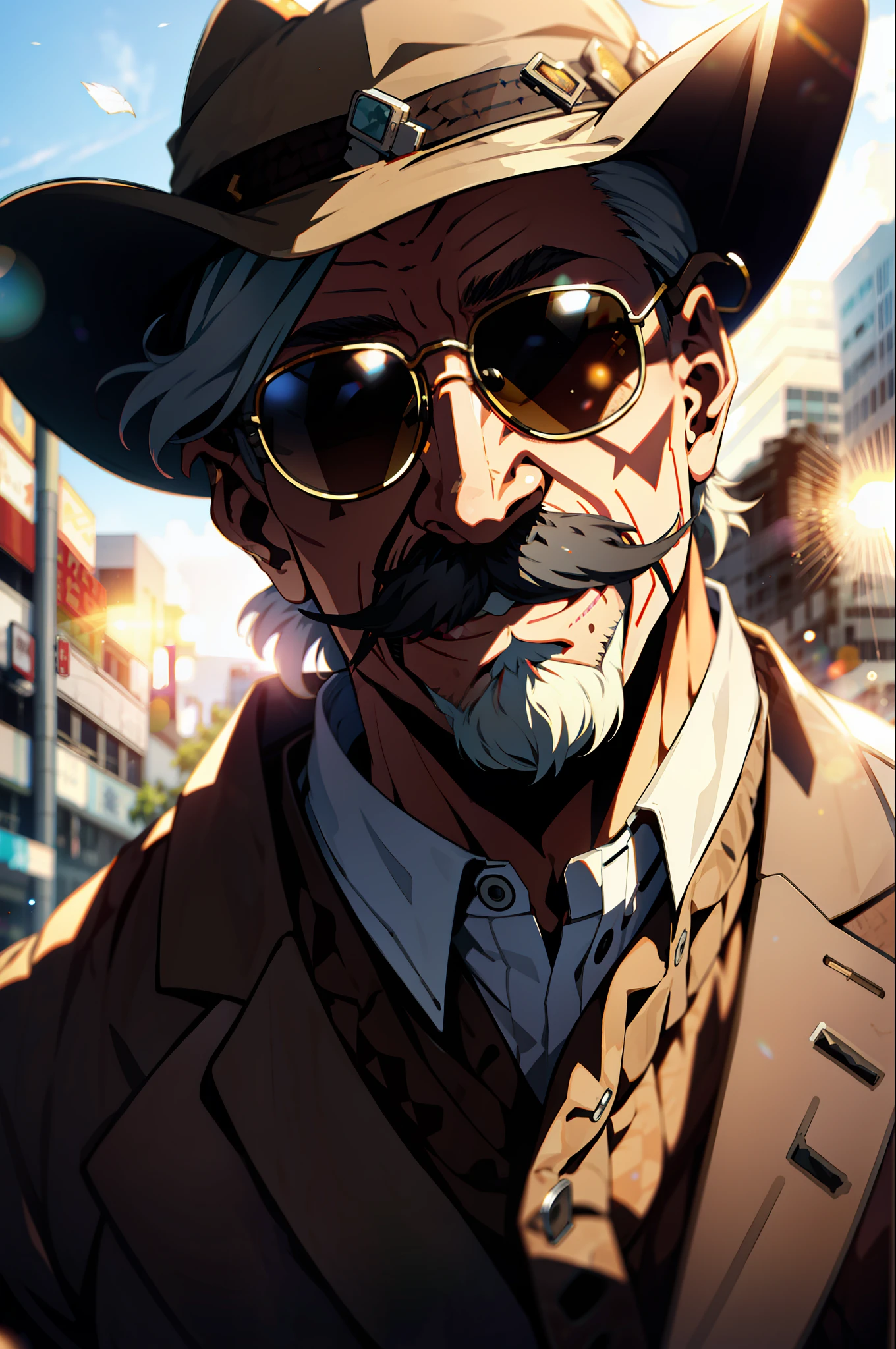 an old man, upper body, sunglasses, long and intricate mustache, huge laughs, sunshine, bokeh, depth of field, blurred background, light particles, super detailed skin, scar on face
