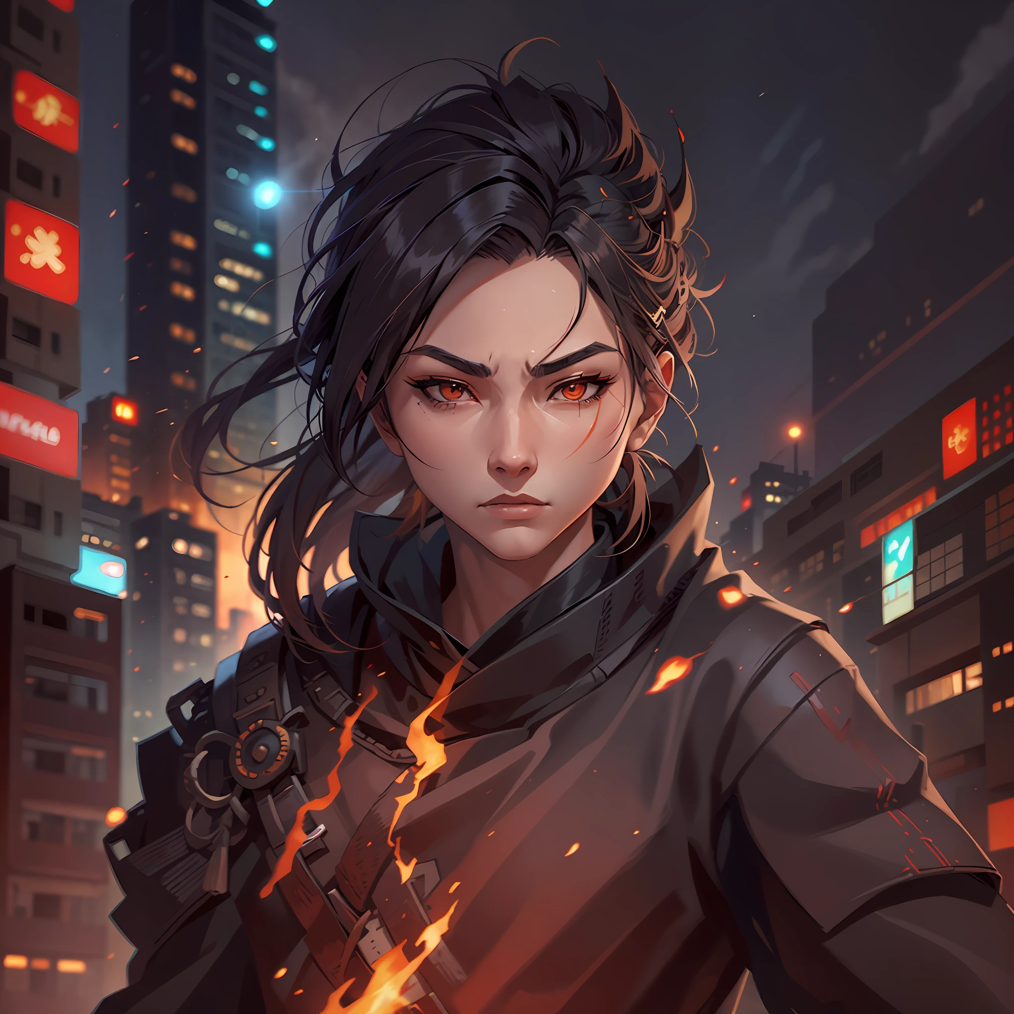Desnhenhe a samurai with eyes of fire in modern city --auto --s2