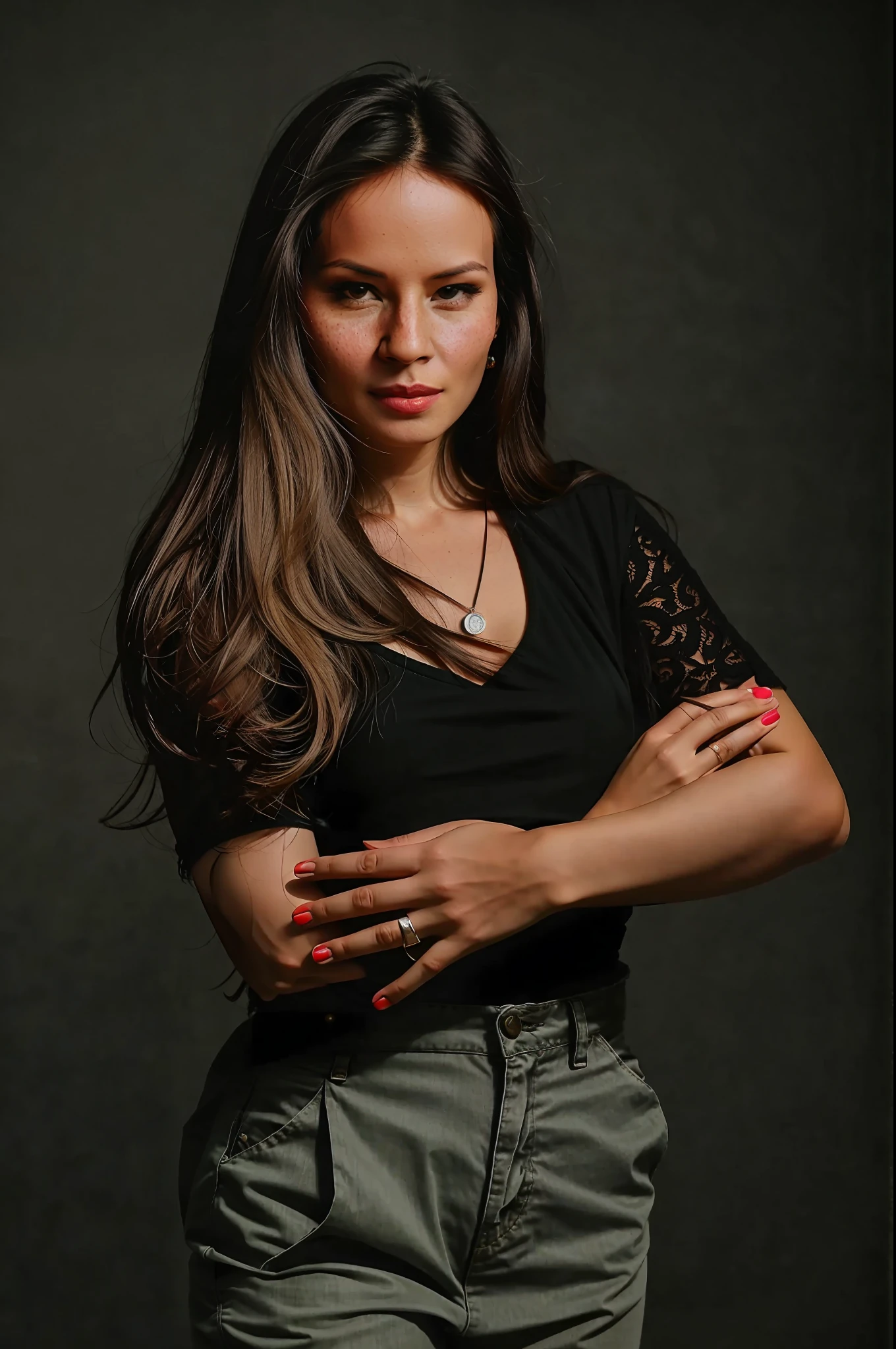 arafed woman with long hair and a black top posing for a picture, malika favre, standing with a black background, by Mathias Kollros, by Nándor Katona, alina ivanchenko, by Alejandro Obregón, by Emma Andijewska, magdalena radziej, jovana rikalo --auto --s2