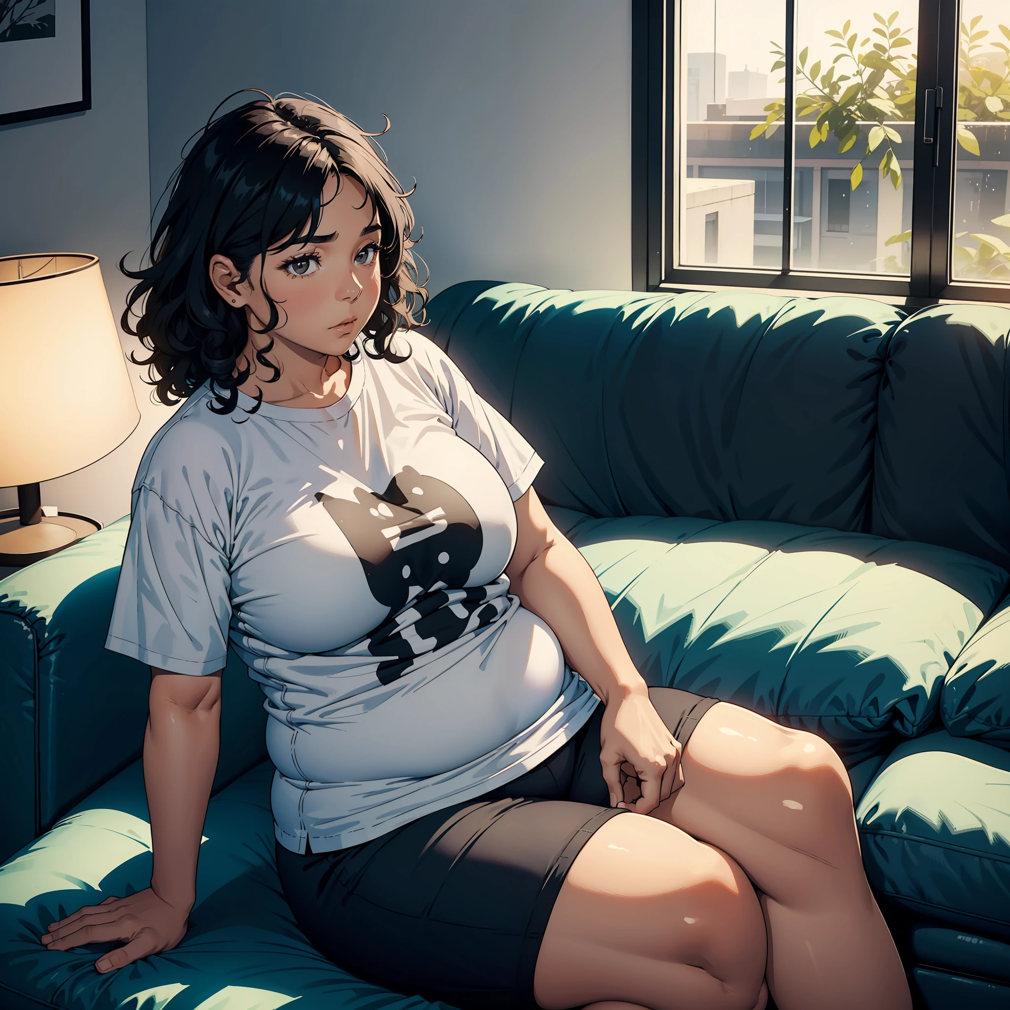 A middle-aged woman, white T-shirt, black curly hair, (obesity: 1.5), serious, sitting on the sofa, in the room