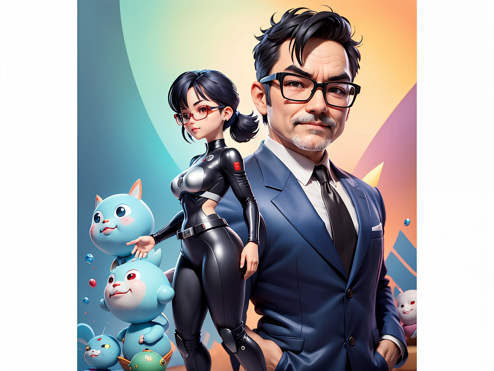Masterpiece), (Excellent), (Super Meticulous), (Full Body: 1.2), Super Young Woman, Beautiful, Sexy, Bursting, Oriental Face, TV Anchor, Bust Portrait Illustration, Alone, Black Suit, Blue Tie, Silver Glasses, Slightly Chubby Face, Very Clean Face, No Beard, Black Super Short Hair, Black Eyes, Confident Smile, 3c Computer Sub-Products, iPad, iPhone, Digital Painting, 3D Character Design by Akira Toriyama with Mark Claireden and Pixar and Hayao Miyazaki, The illustration is a high-definition illustration in 4K resolution with very detailed facial features and cartoon-style visuals.