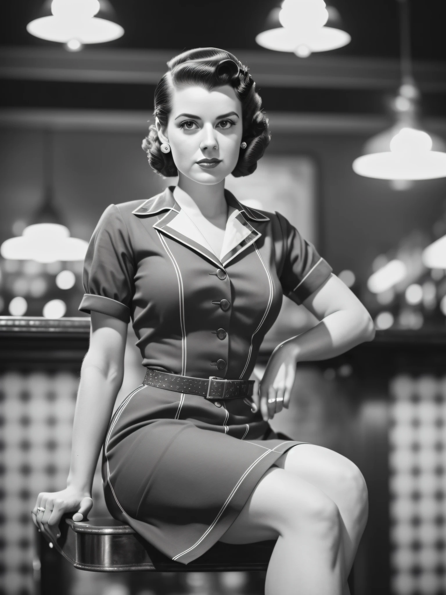 full body portrait of Betty (styled in a 1940's, Sailor Dress, highly detailed:1.3), (highly detailed face:1.8), (1940's Pompadour Hairstyle:1.3),  (slim body, small breasts, small hips:1.5), (leaning back on the bar:1.5), (background inside a dark, old, 1940's big-band bar:1.4), (soft studio lighting, volumetric shadows), JCH Street Pan, ISO 100