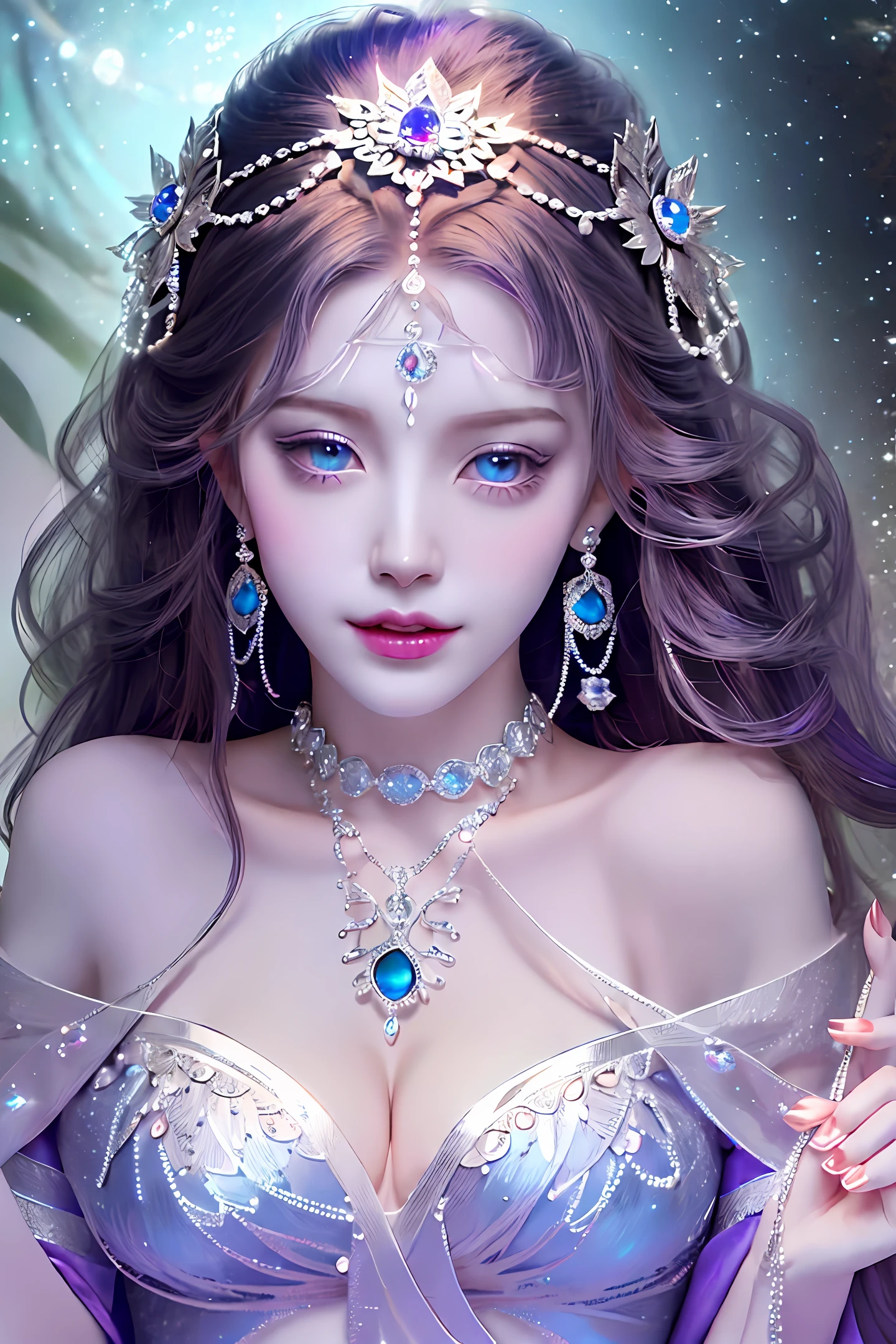 In a magical realm, a beautiful woman emerges as a vision of beauty and mystery. Her pale skin glows in the moonlight, and her violet eyes mesmerize all who stare at her. Dressed in a long blue silk dress adorned with silver details and gleaming gems, she looks like a fairytale princess. Her black hair falls into perfect curls, and a tiara of crystals adorns her head. In her delicate hands, she holds a scepter carved with ancient symbols. Around it, exotic flowers and mystical plants create a backdrop of wild beauty. The charming woman is known for mastering the arcane arts and communicating with magical creatures. His presence emanates a mysterious energy, enveloping everyone with his power and secrets. Those who encounter it are instantly captivated by its grace and charisma, but they also feel the weight of its power and mystery. She is an enigmatic figure who keeps ancient secrets and offers challenges to the bravest. --auto --s2