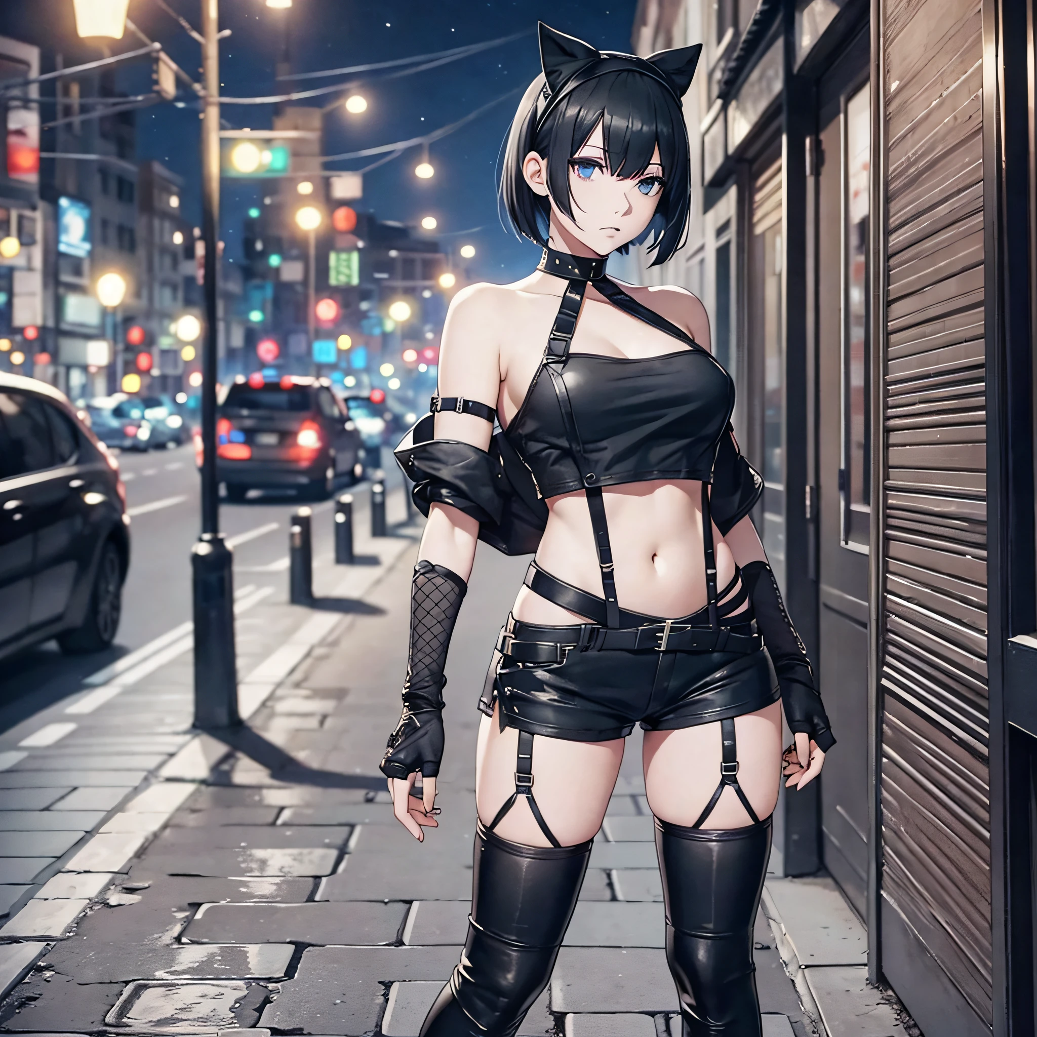 solo, 1girl, yorha no. 2 type b, white short hair, blue eyes, mole under mouth, goth girl, goth makeup, (gothic), (black lips), black hairband, choker, single bare shoulder shirt short, crop top, short sleeves, navel, ripped black shorts, asymmetrical legwear, uneven legwear, fishnets, black boots, standing, hand on hip, expressionless, looking away, city, sidewalk, city lights, night, night sky, outdoors, full body, --auto --s2