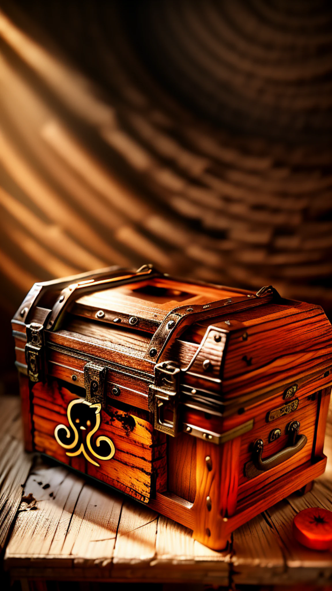 A wooden chest in an abandoned, dusty room with dimly lit