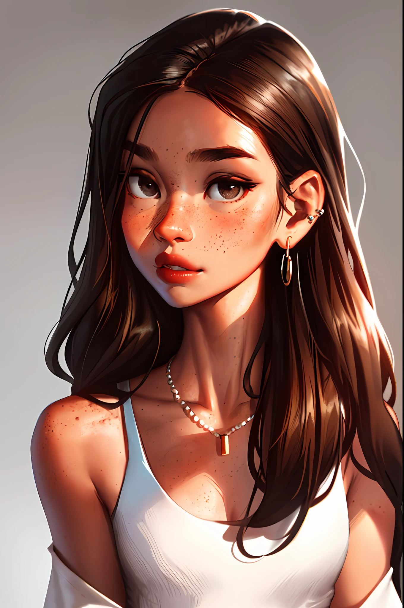 Sam Yang, 1girl, back, bare shoulders, black eyes, dark circles, brown hair, earrings, freckles, jewelry, lips, long hair, looking at viewer, looking back, necklace, off shoulder, lips half-open, portrait, day, depth of field, solo, ((masterpiece))