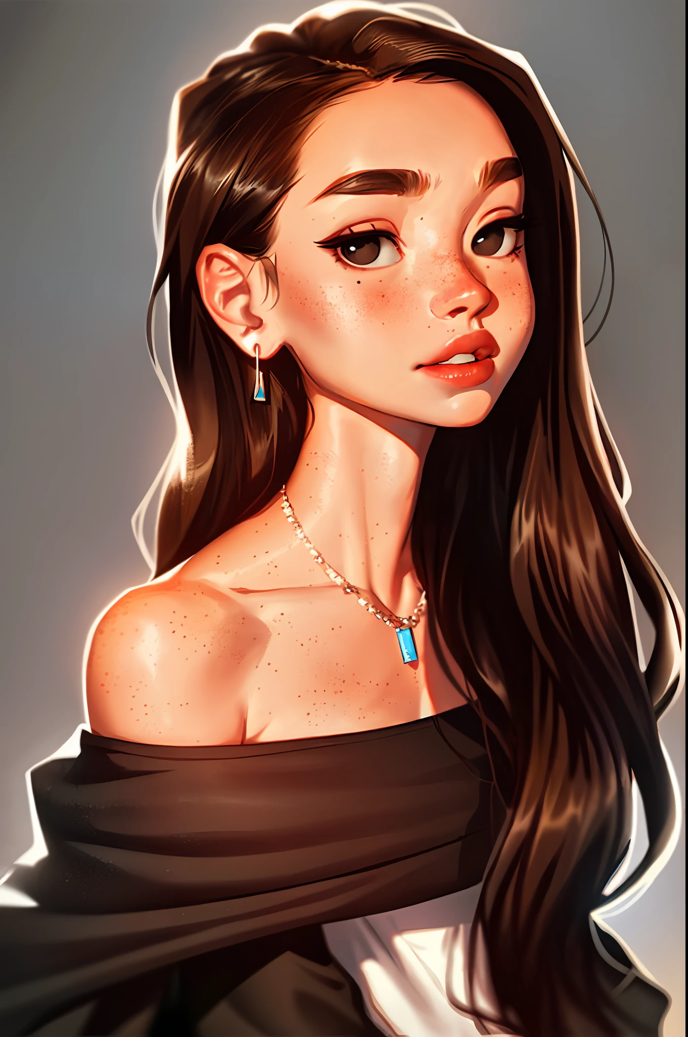 Sam Yang, 1girl, back, bare shoulders, black eyes, dark circles, brown hair, earrings, freckles, jewelry, lips, long hair, looking at viewer, looking back, necklace, off shoulder, lips half-open, portrait, day, depth of field, solo, ((masterpiece))