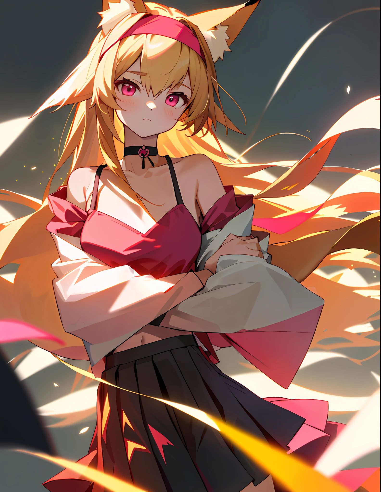 ((Masterpiece, Best Quality)), 1girl, solo, long hair, fox girl, fox ears, poor breasts, off-the-shoulders, pleated skirt, headband, choker, mine-bound clothing, blonde hair, pink eyes