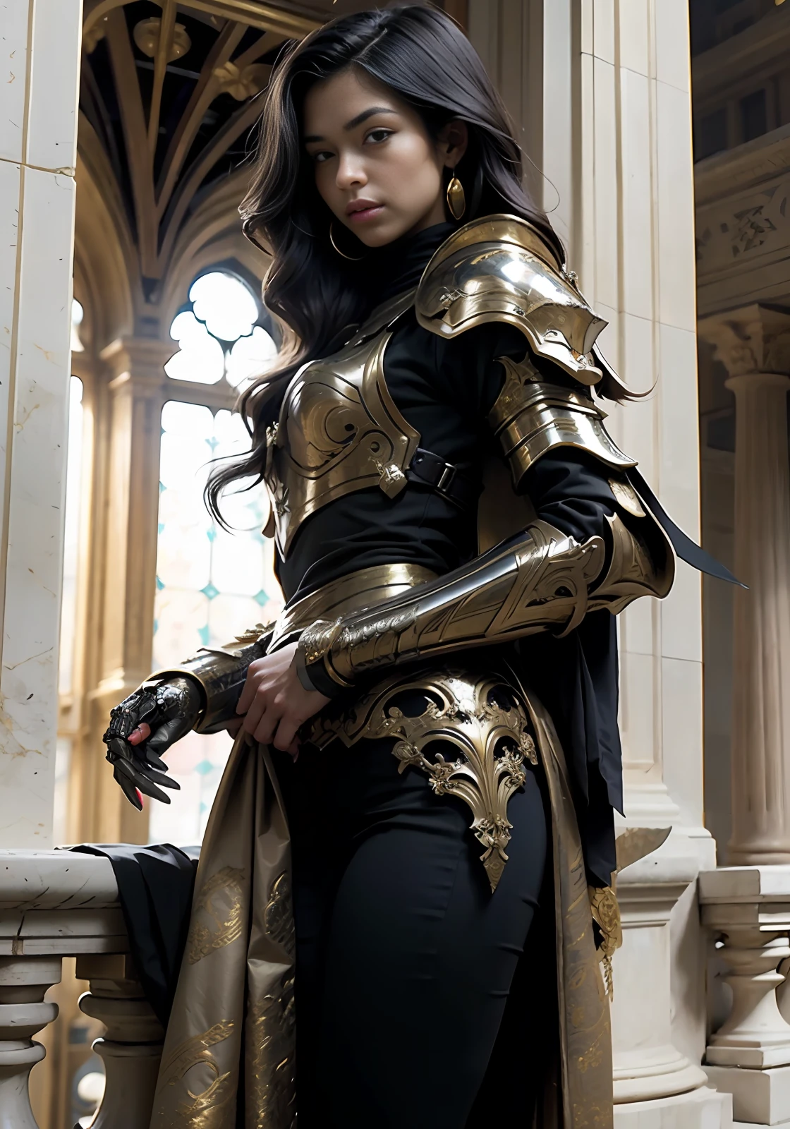 ((Best Quality)), ((Masterpiece)), (Very Detailed: 1.3), 3D, 1girl, very long hair, elite Mecha paladin, royal house guard, beautiful woman in intricate ceremonial armor, perfect chest, walking on the stairs, golden cloak, military mecha parade in the background in the Grand Imperial Palace, looking back, and face facing to the side, armor, solo, fire, wing, holding a light sword,