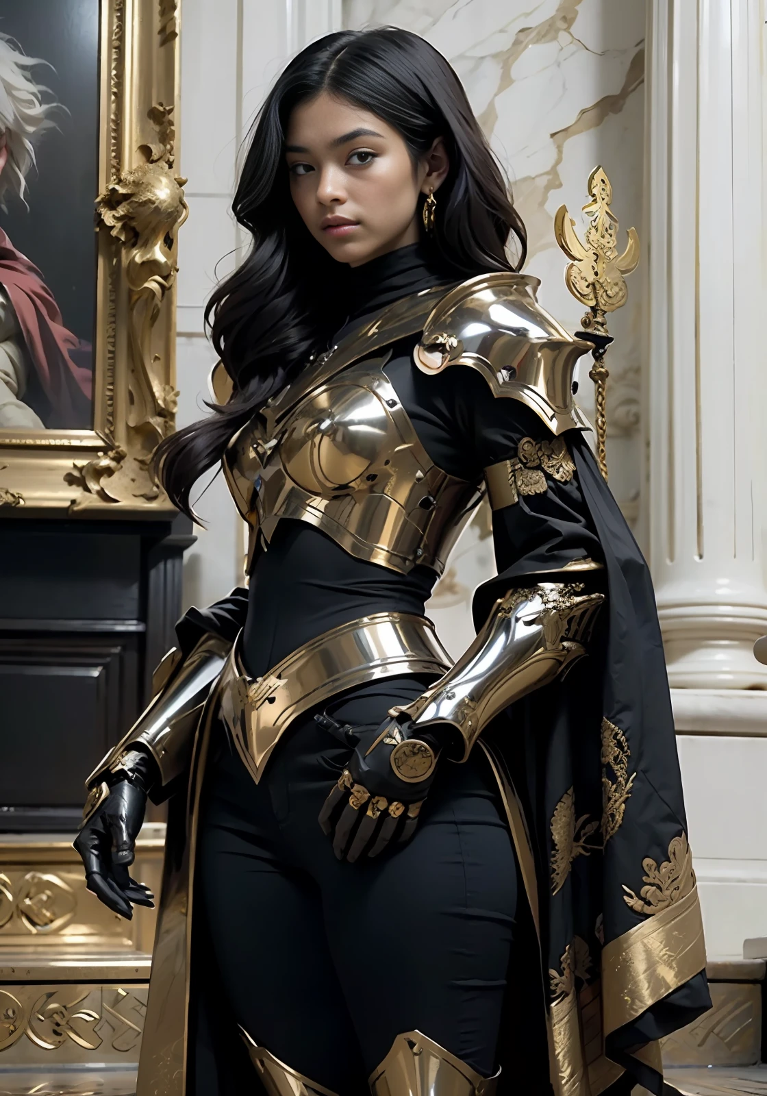 ((Best Quality)), ((Masterpiece)), (Very Detailed: 1.3), 3D, 1girl, very long hair, elite Mecha paladin, royal house guard, beautiful woman in intricate ceremonial armor, perfect chest, walking on the stairs, golden cloak, military mecha parade in the background in the Grand Imperial Palace, looking back, and face facing to the side, armor, solo, fire, wing, holding a light sword,