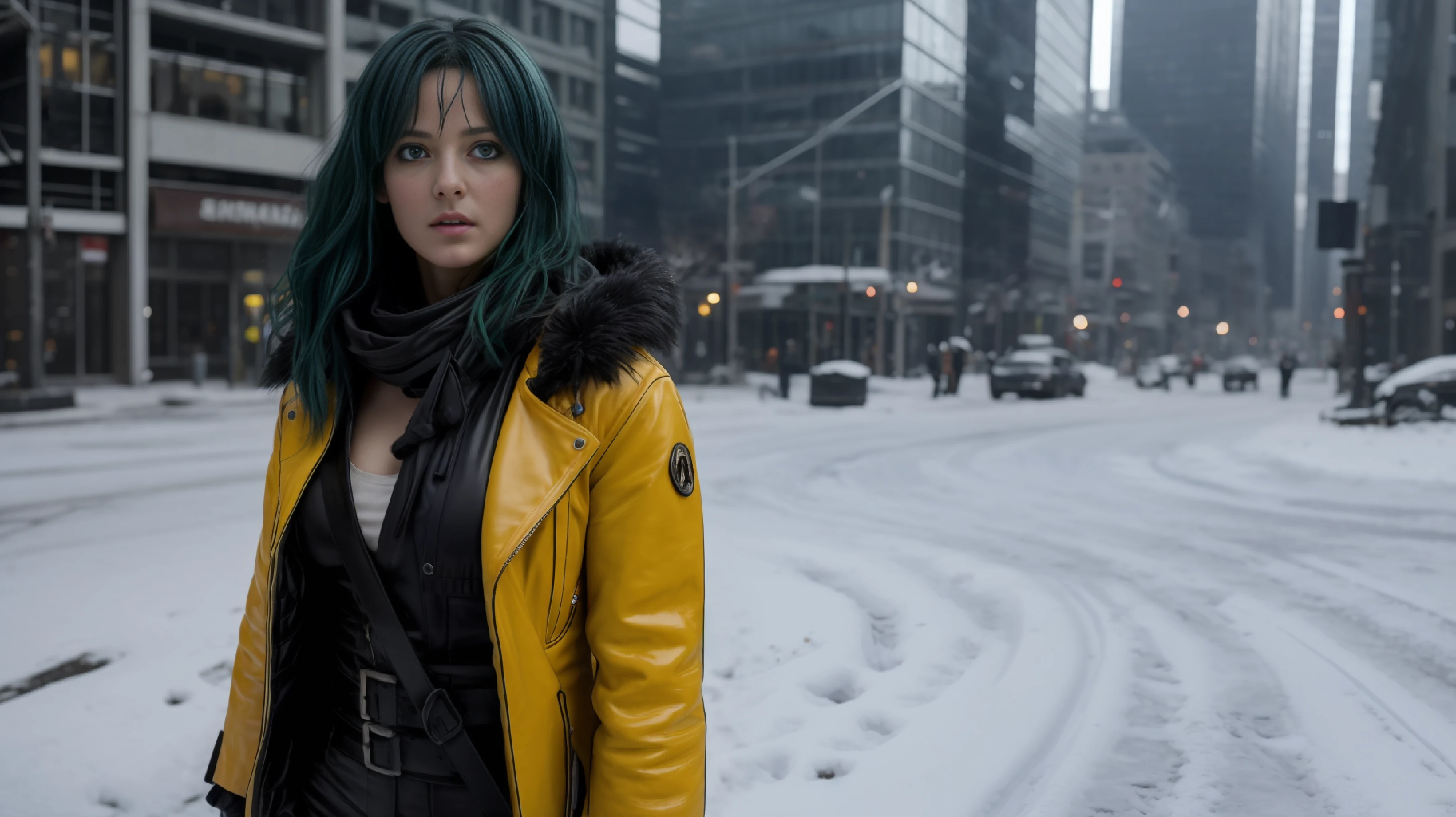 Create an ultra-realistic photograph of the female character from One Punch Man: Fubuki: She's a beautiful 19-year-old, her hair is long that extends to the shoulders,her hair is so completely green, her eyes are completely blue, her eyes are as blue as the seas,She wears a completely yellow leather jacket, and in aeu neck a scarf red scarf,she was in a cyberpunk city, the colors of the lighting are of different colors, the colors of the lighting contrast perfectly with her bright blue eyes, and her white skin as snow, with a completely yellow leather coat