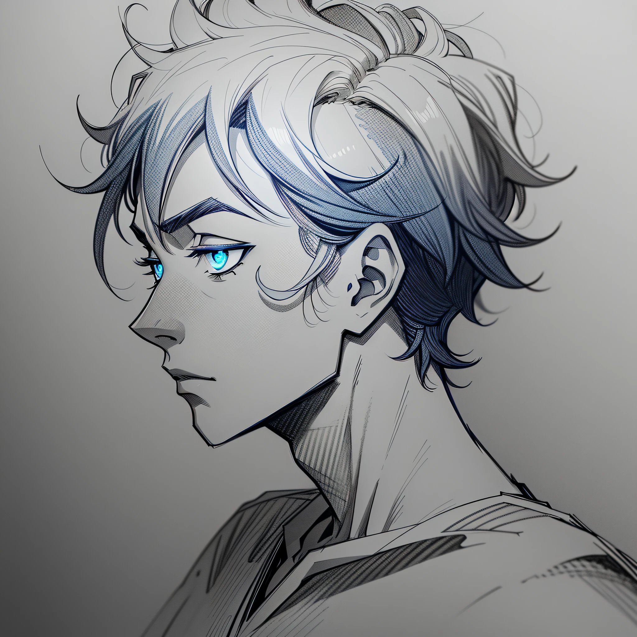 greyscale manga style pencil sketch of a tired beautiful man short hair male omnipotent entity, glowing blue eyes, profile standing sideways pose