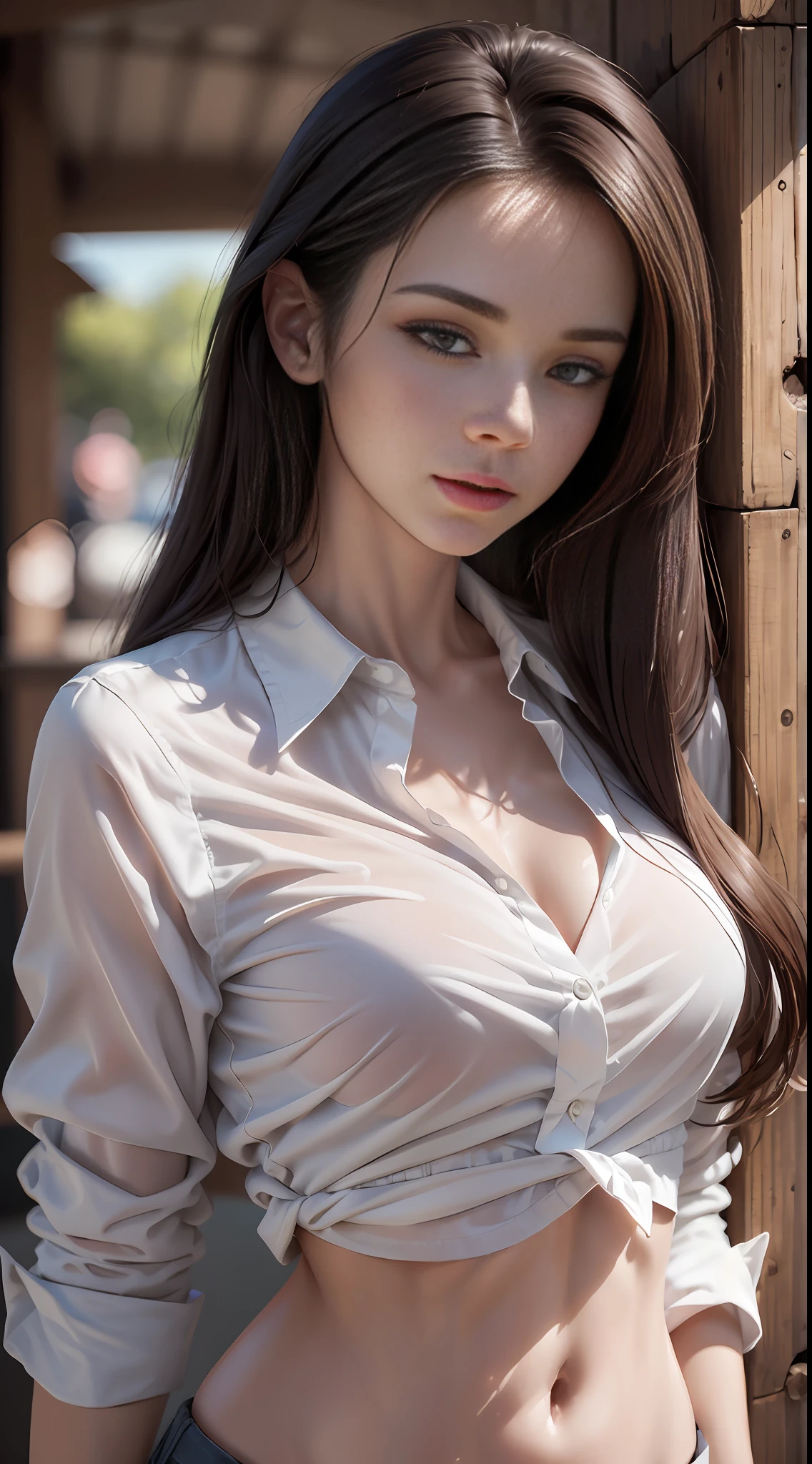 ((Top Quality, 8k, Masterpiece: 1.3)), Crisp Focus: 1.2, Beautiful Women in Perfect Style: 1.4, Slender Abs: 1.2, Dark Brown Hair, (White Button Up Long Shirt: 1.1), Street: 1.2, Highly Detailed Face and Skin Texture, Detailed Eyes, Double Eyelids --auto --s2