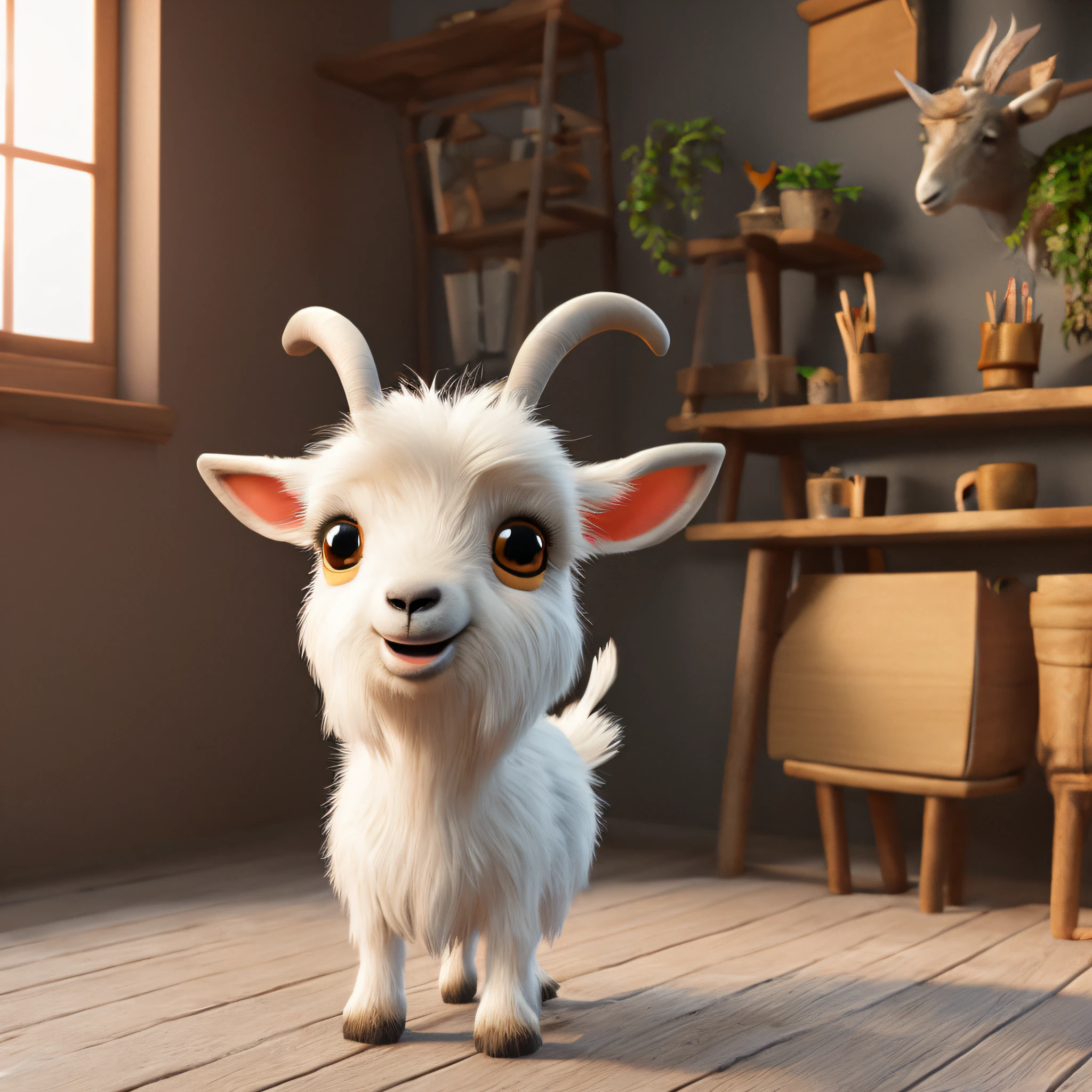 Cute adorable little goat waving and smiling greeting me, unreal engine, cozy interior lighting, art station, detailed digital painting, cinematic, character design by mark ryden and pixar and hayao miyazaki, unreal 5, daz, hyper realistic, octane render, 3DMDT1