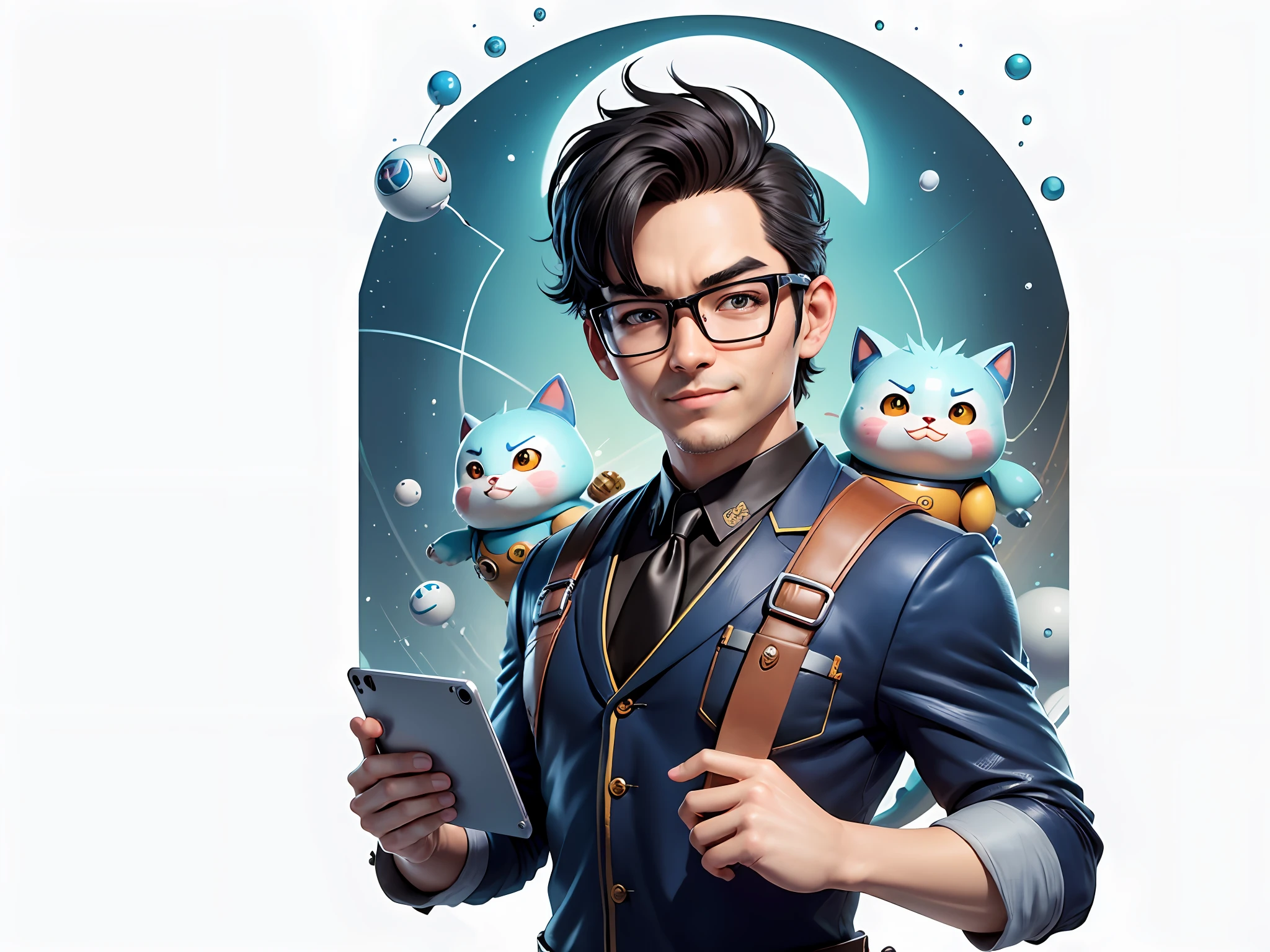 Masterpiece), (Excellent), (Super Meticulous), (Full Body: 1.2), Super Young Woman, Beautiful, Sexy, Bursting, Oriental Face, TV Anchor, Bust Portrait Illustration, Alone, Black Suit, Blue Tie, Silver Glasses, Slightly Chubby Face, Very Clean Face, No Beard, Black Super Short Hair, Black Eyes, Confident Smile, 3c Computer Sub-Products, iPad, iPhone, Digital Painting, 3D Character Design by Akira Toriyama with Mark Claireden and Pixar and Hayao Miyazaki, The illustration is a high-definition illustration in 4K resolution with very detailed facial features and cartoon-style visuals.