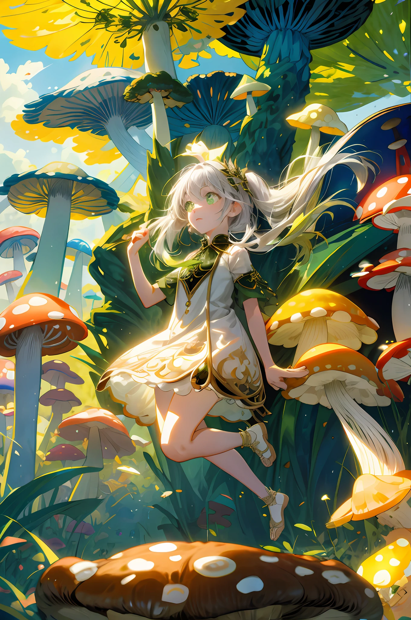 (flat color:0.9),(colorful:1.1),(masterpiece:1,2), best quality, masterpiece, highres, original, extremely detailed wallpaper,1girl,solo,  girl, long light grey hair, white dress with golden embroidery, green and gold elements, glowing, flowing hair, fullbody, floating in the air in the middle of the forest, magic fantasy forest, glowing flowers and mushrooms, sunny day, sunny light, rays of light, dynamic lighting, cinematic shot