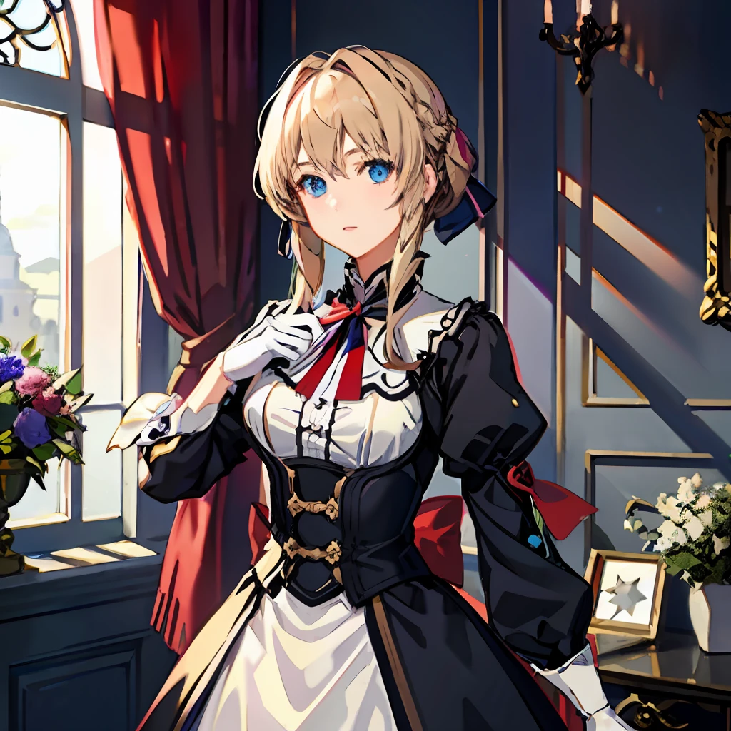 1girl, violet evergarden, red ribbon,blue eyes, blonde hair, brooch,gloves, indoors